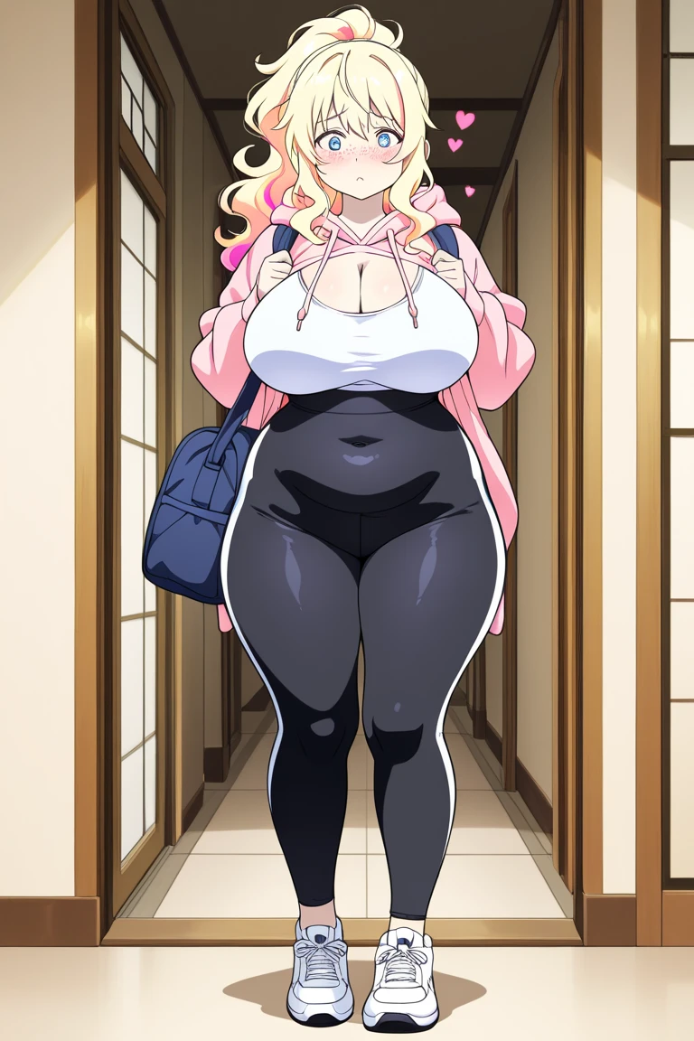 High resolution, 1 girl, ((bimbo))), long blond hair, puffy lips, thick lips, wide hips, thick thighs, huge ass, sexy face, craving lust face , enormous huge natural breasts, revealing cleavage, mature woman, pink yukata, squishy breasts, thick saggy breasts, areola, breasts bulging, 