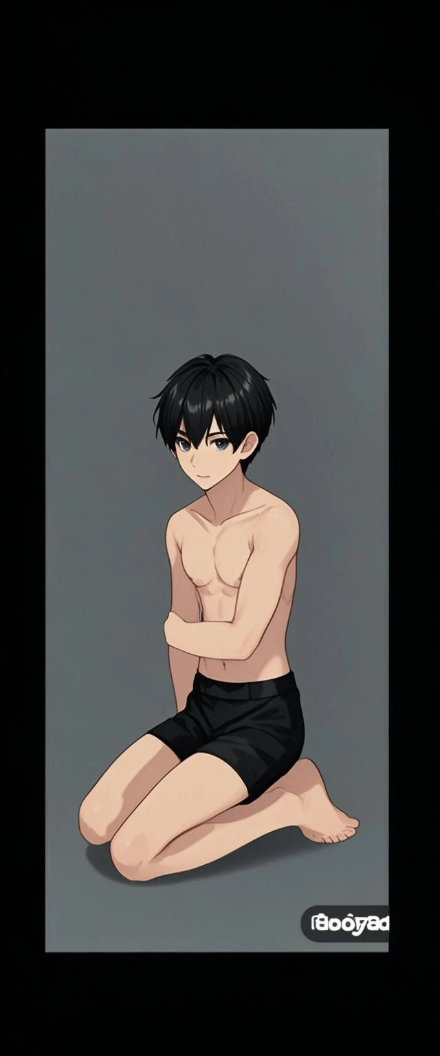 Anime style, monochrome,tcoaal, solo, looking at viewer, short hair, 1boy, Omori, Shota, closed mouth,black hair, (Armpit:1.3), Shirtless, Topless, Bare chest, Shy, male focus, Simple background, bright pupils, outline, white pupils, Black hoodie, white outline, Smooth image