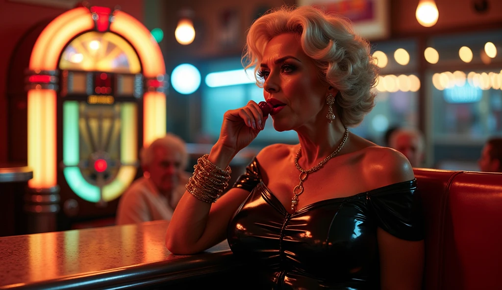 a glossy liquid-lacquered black leather leggings worn by a wrinkled face androgynous senior mature with intense makeup and massive much eyeshadow, intense deep and wide lot of eye shadow, smoky eyes, sits with legs wide apart on the chesterfield lounge in a open cafeteria with palm trees, cappuccino on table, wearing a stretchy black shiny rubber diapers, thai and filipino women fill the cafe in the background, also wearing a transparent silver shimmering satin blouse with loose open golden latex romper and with spandex tie