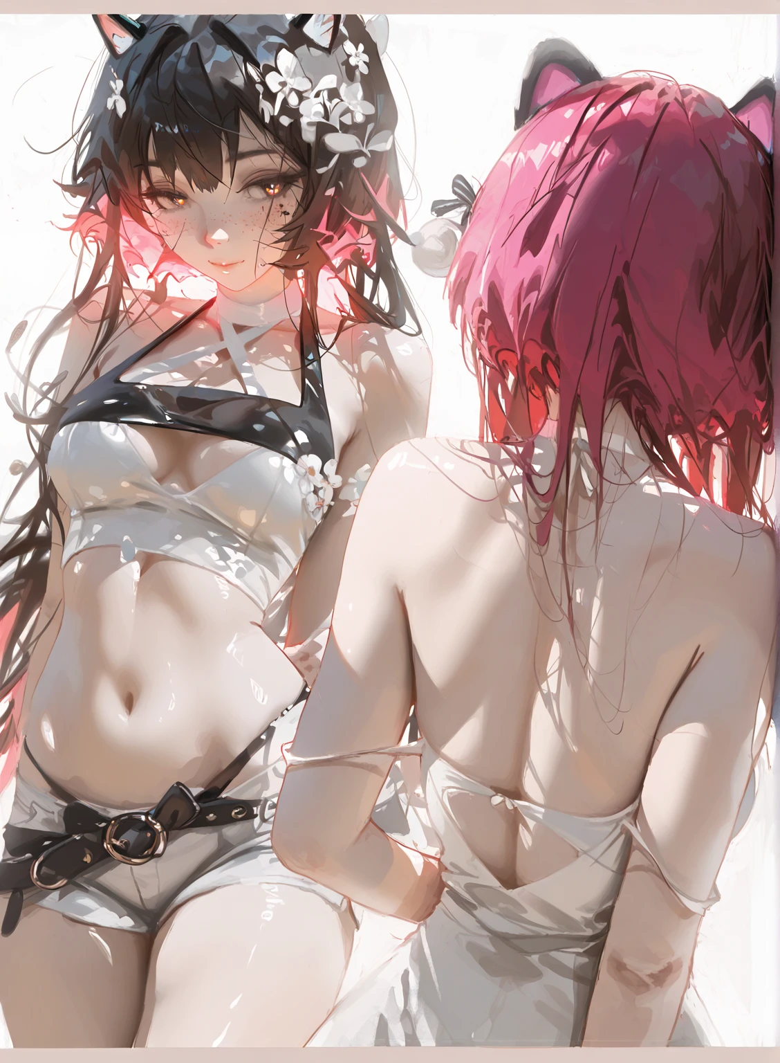 realistic image, detailed image, coherent image, 1 beautiful girl, she has shoulder length hair with blunt bangs, red hair, red eyes, smiling expression. She is wearing a strapless top, showing her navel, a thin thong, a pleated miniskirt, sneakers, She has a curvy body, small breasts and thick thighs, She is crawling, arching her back, doggy style, background of an urban park, surrounded by flowers, flower petals falling around, Soft focus, full body view, Dramatic shadows, Volumetric lighting, natural lighting,arima_kana, short hair
