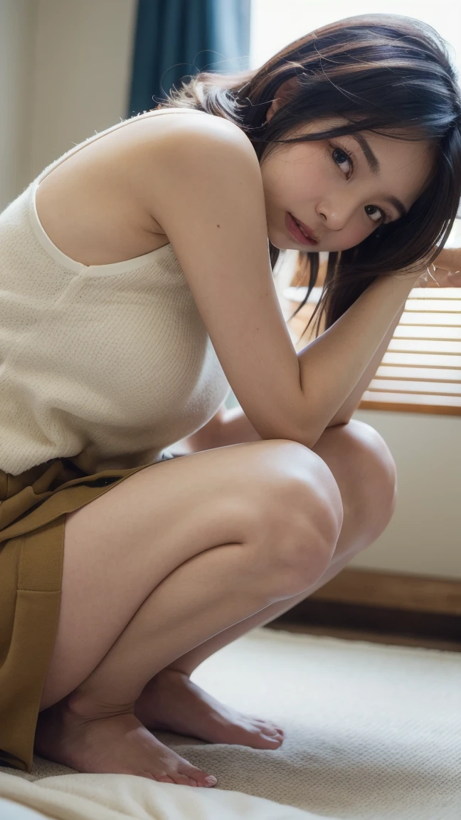 ((Top Quality, 8K, Masterpiece, Portrait: 1.3)), (Ambient Light: 1.5), (Bounce Lighting: 1.8) ,H Photorealistic, Sharp Focus, High Quality, HDTV, Solo, Japanese, Female, Beautiful like an actress, living alone, midsummer, high temperature, high humidity, (lower grades: 1.5), (poor lifestyle: 1.2), cleavage visible, s old, slim and toned body: 1.5, small Breasts: 1.5, (Sloppy body: 1.2), Wavy hair, Wrinkles at the corners of the eyes, No money to buy clothes, Being completely naked, Nude, ((Showing pussy: 1.5)), (Untidy background , Messy room: 1.5), Women's clothing scattered in a mess, (Old Japanese house: 1.2), Evening light, (Lying on her back with legs spread while looking in front of her), ((She) wants to show her pussy: 1.5, I want you to see)), cleavage, spread legs: 1.5, vaginal opening, clitoris, anus, low grade, poverty, vulgarity, long shot , (outdoor), light background , sunset light