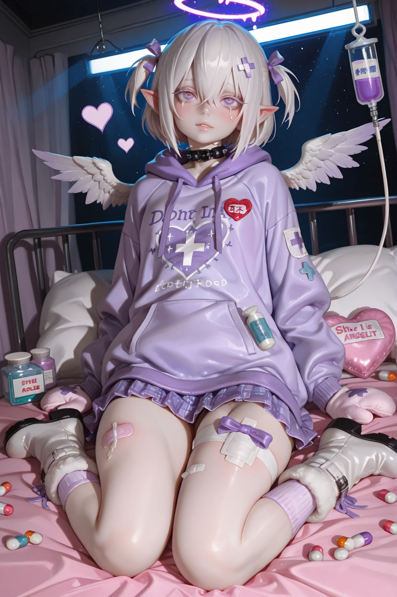 (tangobat:0.7),(Sakimichan:0.7),(High CT quality,4k,High resolution,main piece:2.3),(Very detailed,Realistic:1.37,Best quality,masterpiece, high resolution,on_body), (Tyndall effect,photorealistic, Edge lighting, Two-color lighting),(high definition skin:2.3), (8K UHD, DSLR quality, soft lighting, high quality, surround lighting, sincere, de 8K , 4K, 8K.) The girl is albino, she has white skin and slightly pointed ears, her eyes are indigo-blue, and her eyelashes are white. She has short white hair, a short bob haircut and small ponytails on the sides of her head. She is wearing a pastel pink/baby blue/voluminous purple hoodie with long sleeves, a white wool mini skirt,pastel pink/baby blue/purple and white socks and leggings with a set of badges, white ugg boots,mittens,bandages on the thigh.  She belongs to the Yamikawaya subculture, so her outfit is decorated with small wings of a wounded angel with bandages, symbols of medical crosses, eyeballs, hearts, stars, pills, medical vials, ampoules with medicines, IV tubes, dental models, patches, and toy syringes. In the background: a cute pastel pink/baby blue/purple medical ward with a medical bed surrounded by plush pillows and open empty gift boxes, ribbons hanging from the ceiling. She lies on the bed, slobbering and crying.