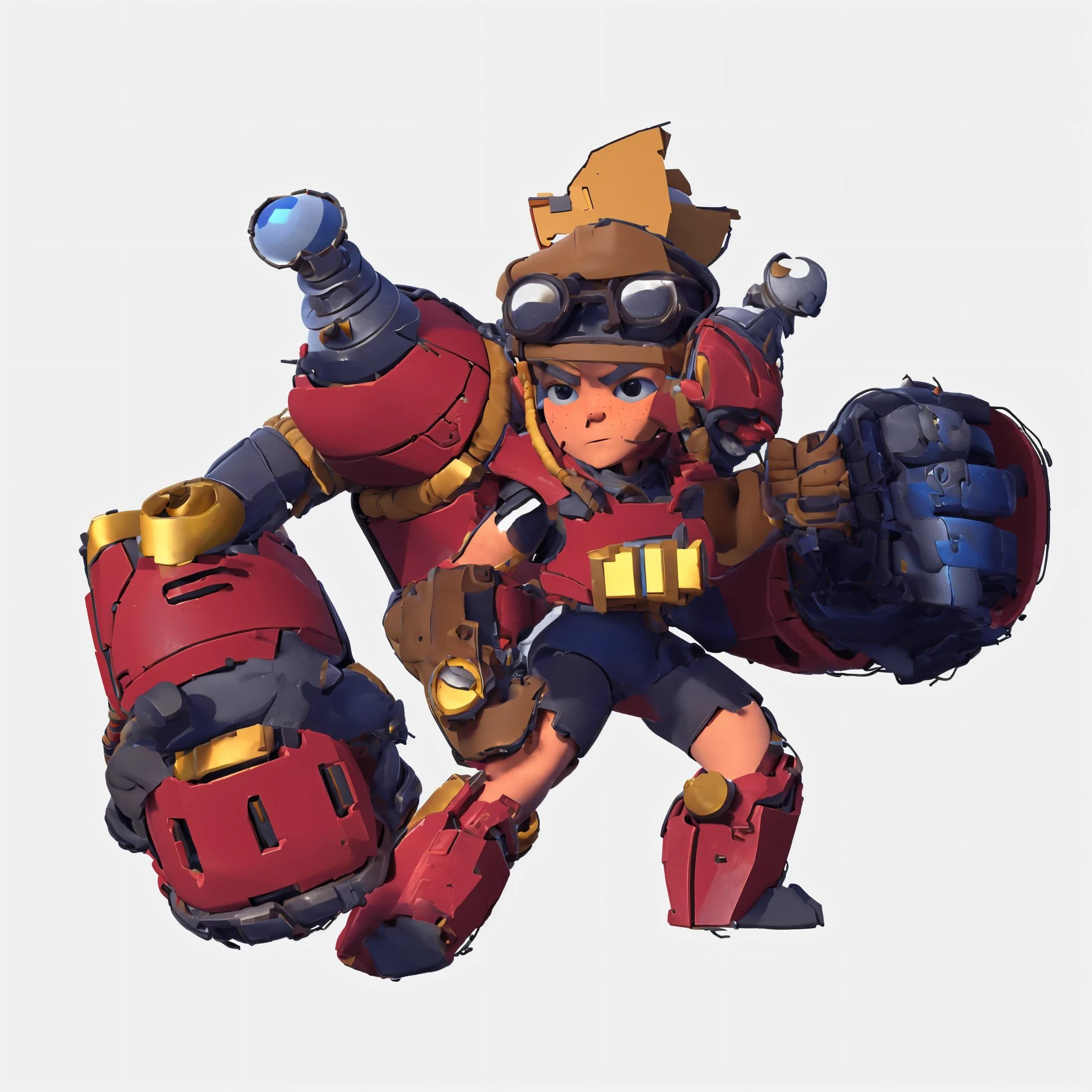 A young repairman，3D Texture，Goggles，red robotic arm，Supercell style ，