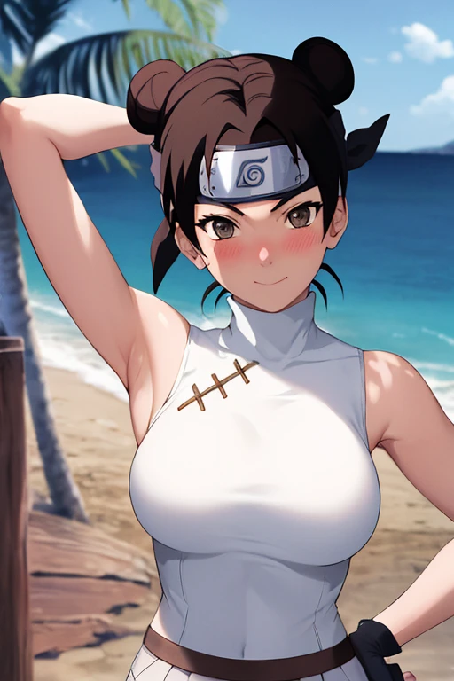 (best quality:1.3), Tenten by naruto, busty, cleavage, seductive, sexy, curvy body, big ass, big , (bikini cow), (( pool)),armpits,sweat,sweaty,sweaty armpits,arms up,showing armpits,awesome armpits,outfit,blackish red arm warmers