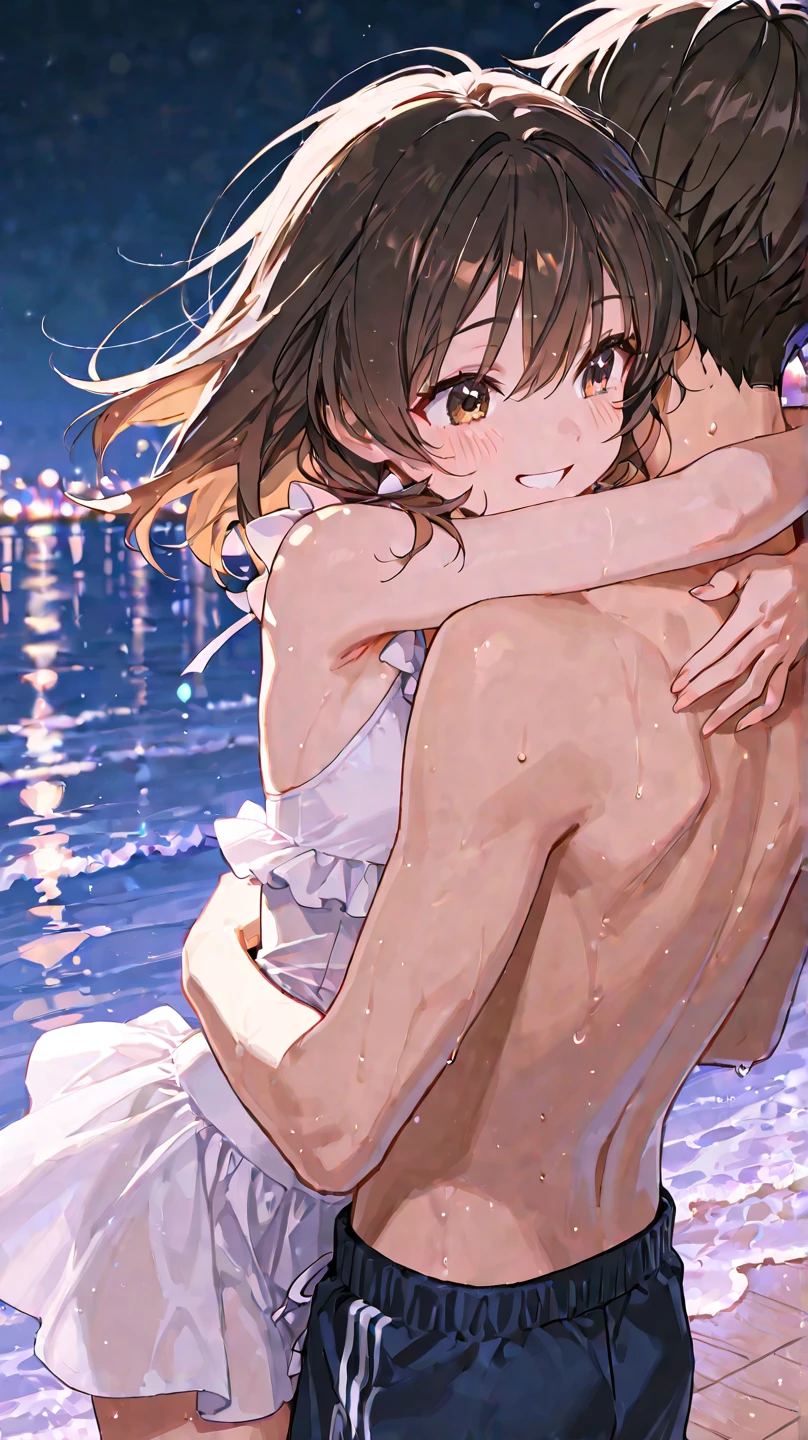 Man taking off the woman's clothes and kissing her shoulders as she throws her head back with her eyes closed., melhor qualidade, filme ainda, 1mulher,cabelos longos brancos, Vestido transparente, renda longo, e 1homem com kimono, cabelo comprido preto, ,pele branca, amor, beijando-se, quarto vermelho, na cama, Close-up, brilhante, sensual, romantico, Dark warm lighting, vermelho, skywith moonlight and reflection in the water, (Sparks: 0,7) , ((beijo))