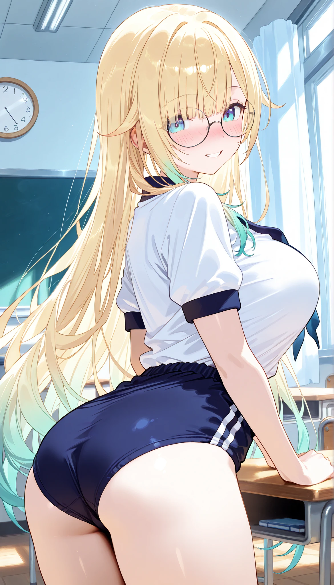 masterpiece, score_9, score_8_up, score_7_up, anime, pinup, Supreme Masterpiece, perfect eyes, perfect face, best quality, high resolution, 1girl, aizawa ema, 1girl, virtual youtuber, blonde hair, aqua hair, gradient hair, long hair, very long hair, blunt bangs, blue eyes, collared shirt, school uniform, buruma, (navy buruma:1.3), shirts, white shirts, standing, (arched back), (back view), low angle, arms behind ass, (classroom), large breasts, nose blush, smile, Round Glasses