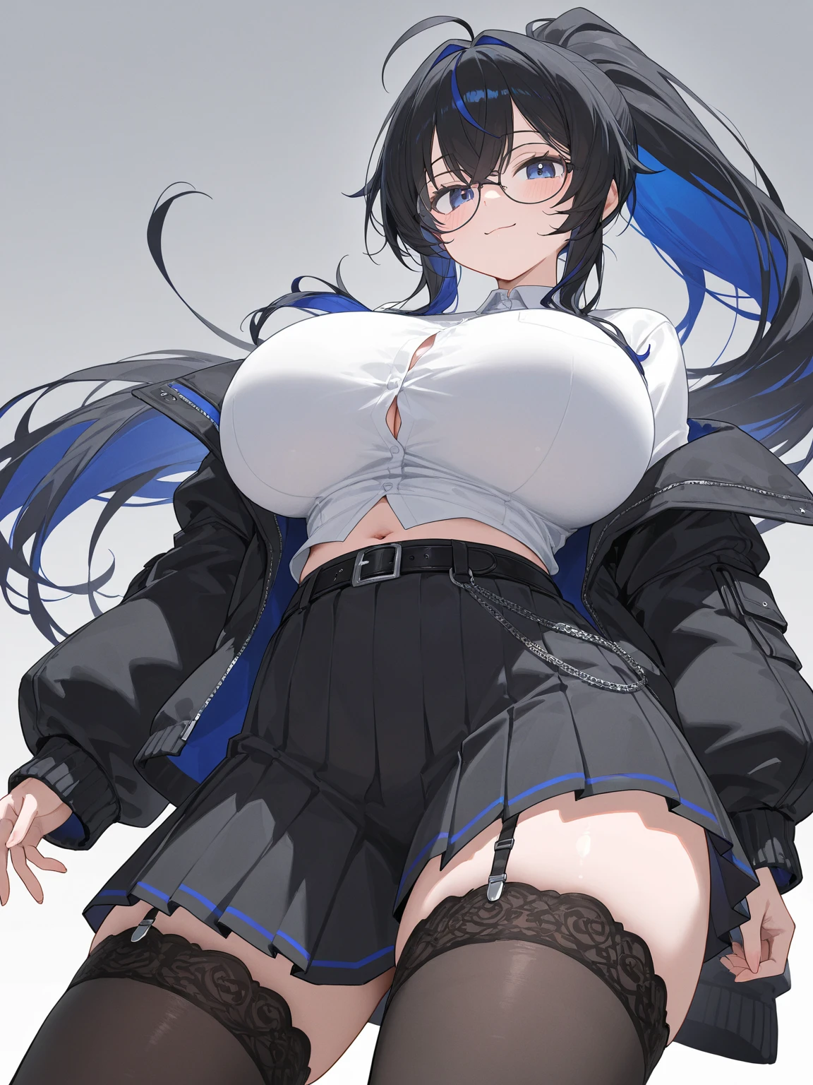 Etra_About,独奏,long、(black thighhighs:1.3),1girl in,looking at the viewers, BREAK (masutepiece:1.2), Best Quality, High resolution, Unity 8k壁纸, (Illustration:0.8), (Beautiful detailed eyes:1.6), extra detailed face, Perfect Lighting, extremely details CG, (Perfect hands, Perfect Anatomy)、Smile with open mouth、cowboy  shot、(Skirt lift:1.3), (White panty:1.3)、(Skirt that rolls up:1.3)、(Fully exposed panties:1.5)、is standing、(Manteau blanc:1.3)、(eye glass:1.3)