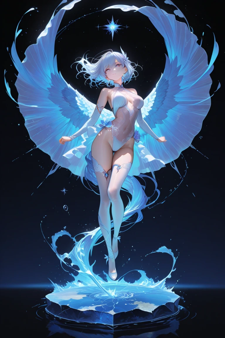 A masterpiece, full body image, naked beautiful Japanese girl, thin pubic hair, short hair, bangs, thick lips, realistic fluffy hair texture, shot from below at an angle, realistic watercolor painting style, white background
