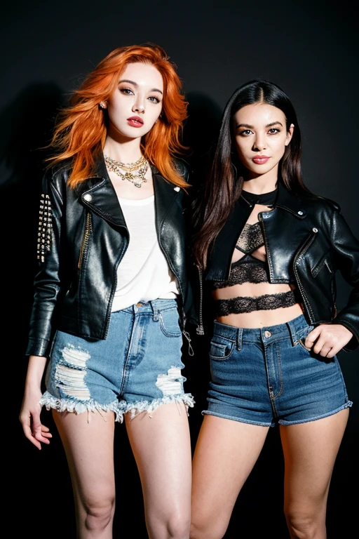 A front and back full body view of a female model in a punk-inspired outfit. The girl is depicted in a playful and vibrant manner, similar to the style shown in the reference image. She wears a Plaid skirt with a graphic tee, fishnet tights, and creepers. Her hair is styled in edgy punk manner, and she has a friendly and approachable expression. The front view shows her standing confidently, while the back view highlights the details of her outfit and hairstyle. The overall design is clean and colorful. Highly detailed, 8k, smooth, sharp focus, trending on artstation, digital painting, by Stanley Artgerm Lau, WLOP, Rossdraws, James Jean, Andrei Riabovitchev, Marc Simonetti, and Sakimichan,