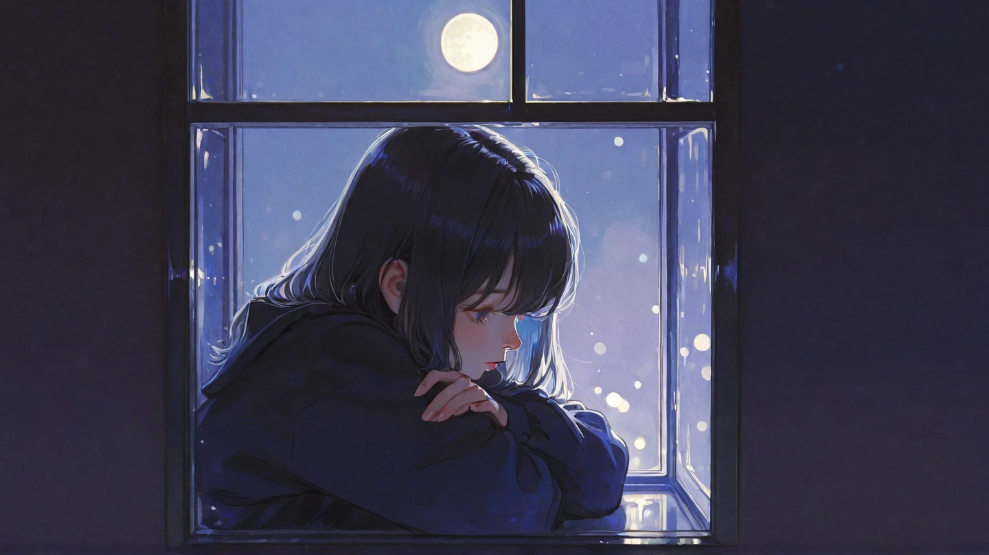 Create an anime-style image, Sad girl sitting by the window，Brown side ponytail，Dark green sweatshirt , dark light, Dark room, It&#39;s raining outside，Cross-legged，Preschool，curtain，Night，Thousands of lights