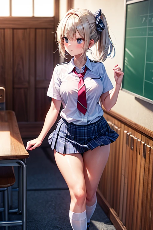 ((1 girl))、smile、small breasts、（cowboy shot）、(cardigan)、(blonde)、blush、(single braid)、(eye highlights:1.3)、blake black footwear,(黒いskirt)、bow, button, shirt with collar, long sleeve,  ((red bow tie, , black jacket, open jacket, 茶色のcardigan, white shirt, 黒のskirt, チェック柄のskirt、white socks)),, shirt,, skirt, socks, thighs, white shirt, rest indoors, ((classroom:1.5))、 BREAK While watching the audience、(skirtを掴む:1.0)、 (perfect hands, perfect anatomy),cowboy shot、(skirt lift:1.3),(highly detailed white panties:1.3)、(highly detailed panties:1.3)、、(skirt that rolls up:1.3)、(fully exposed panties:1.5)