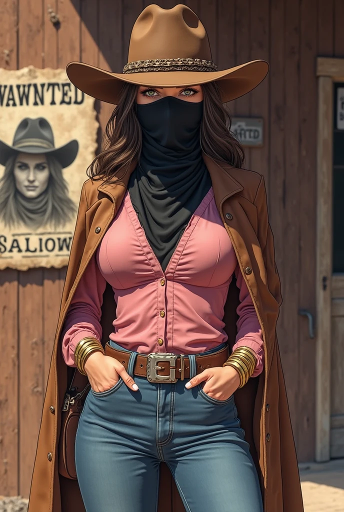 1girl, 3d, breasts, covering, covering breasts, cowboy shot, lips, long hair, looking at viewer, ((mask)), navel, realistic, solo, standing ((ultra realistic details)), 8k, ultra sharp