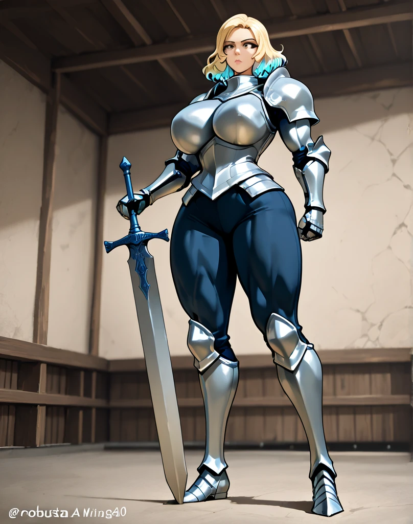 score_9, score_8_up, score_7_up, score_6_up, score_5_up, score_4_up, Medieval mercenary bimbo lady, mature woman, sexy, long straight blonde hair, hair covering one eye, big puffy bimbo lips, pouted lips, squinting eye, ((NSFW)), ((Full body)), ((gigantic breasts)), ((sagging breasts)), wide hips, thick thighs, huge ass, mercenary armour, armoured corset, bare shoulder, arm guard, armoured Greaves, detailed background,