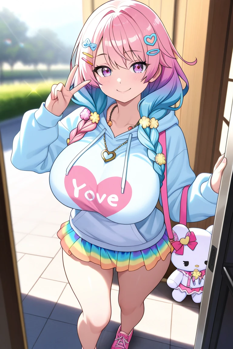 (Masterpiece) (High Detail) (High Res) a short petite humanoid girl with pale human skin, bright turquoise-coloured eyes, long pink hair in a braid and large fluffy pink dog ears and a big fluffy pink dog tail and average breasts wearing just a baggy oversized white t-shirt and holding up a peace sign to the viewer, and poking out her tongue. Pink Hair. Pink Tail.