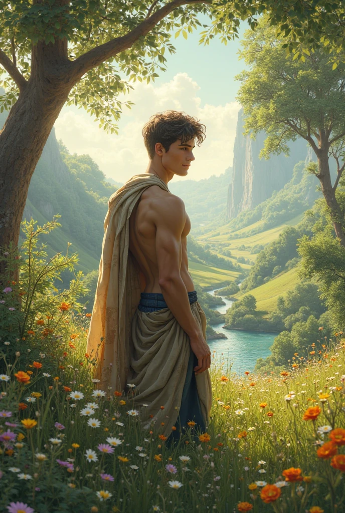 A handsome boy, 25 years old, brown spiky hair, light hazel brown eyes, masculine pose standing in a meadow, mysterious lighting, shirtless, wearing only a micro underwear, muscular physique, looking into the camera, half body shot, head to thighs, 