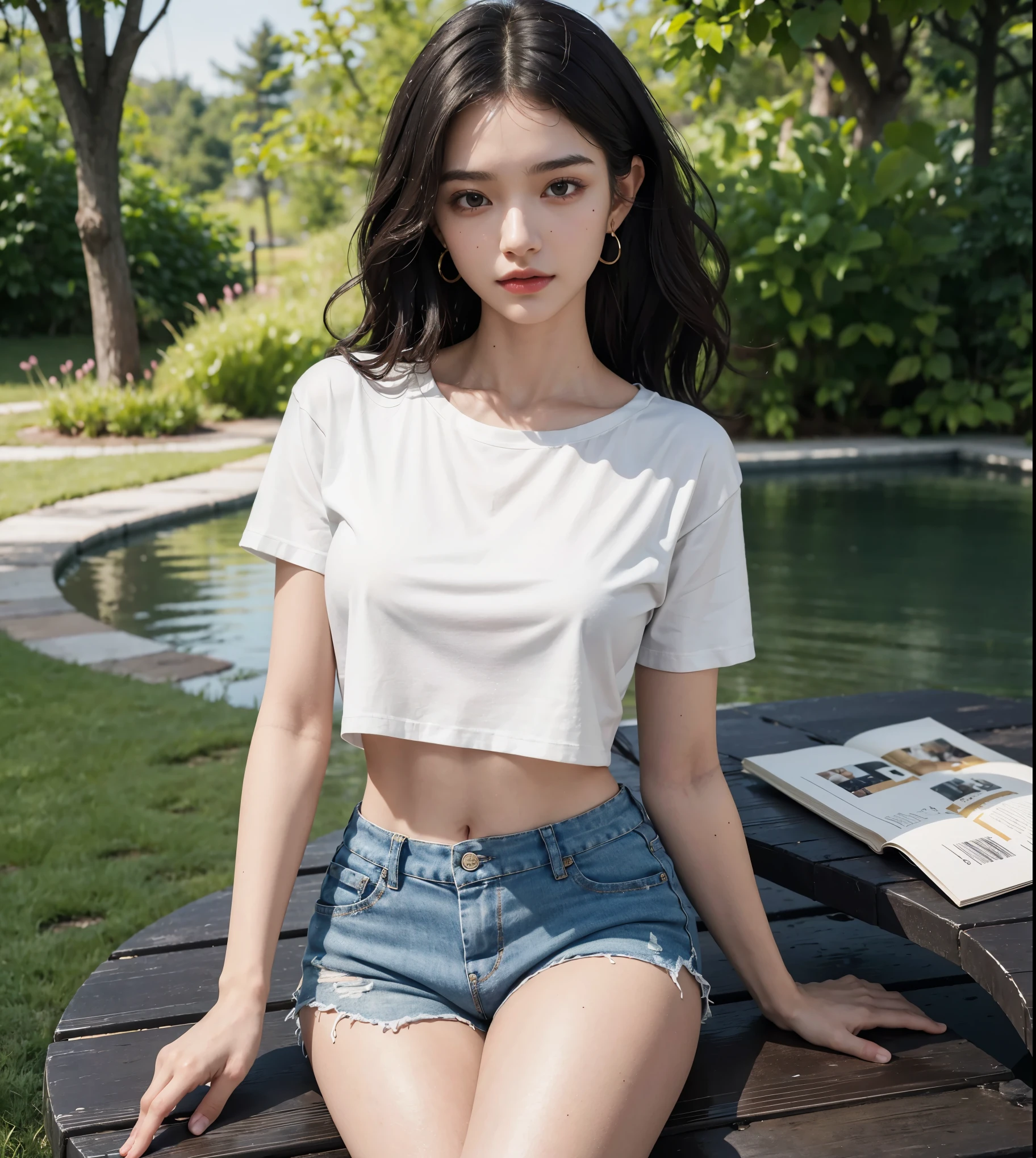 (masterpiece,best quality:1.3),(8k,raw photo,photo realistic:1.2),[detailed skin],detailed face,detailed eyes,delicate facial features,Detailed Thighs,(Japanese idol),beautiful face,18 years old,kawaii,seating,bare feet,Beautiful legs,beautiful-slim-abs,sexy,sexy pose,sexy thighs,small feet,[long legs],breast up,[big breast],((river)),low-rise jeans,(navel-stretching t-shirt,white-t-shirt),(brown-bob hair,short hair),
