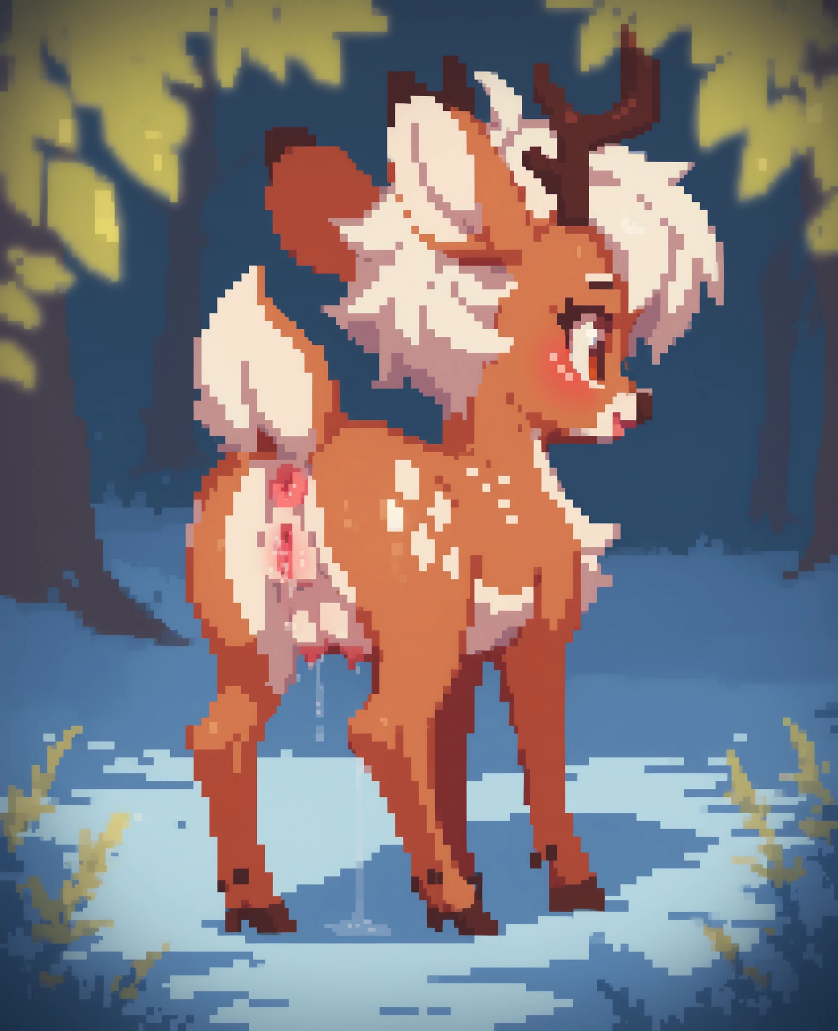 little deer, feral, brown fur, white fur, white hair, short hair, cute deer, cub, on all fours on the forest, night, butt, cervid pussy, teats, crouching, squaring, spread legs, view from behind, dripping pussy juice
