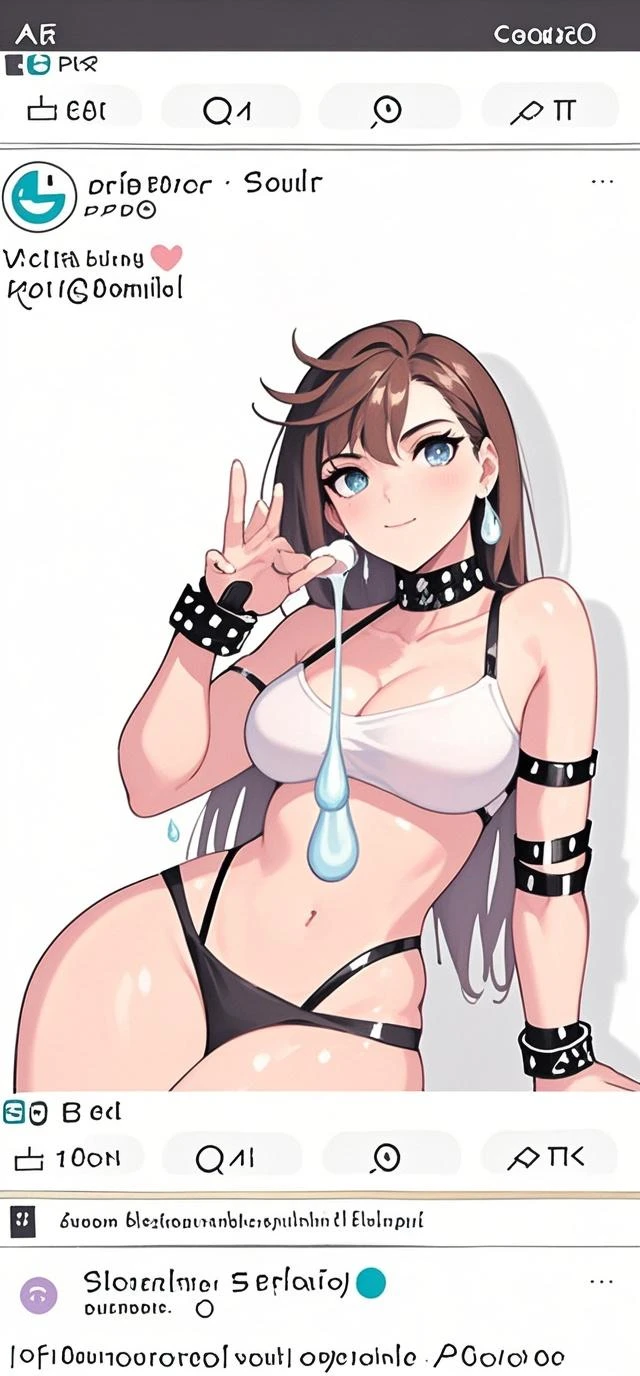 1girl, (queen of spades symbol:0.9), bikini, pool, (brown hair, bangs, ponytail, blue eyes:1) seductive smile, looking back, ass support, sports bra, masterpiece, thong, best quality, BLACKED, highly detailed, big breasts