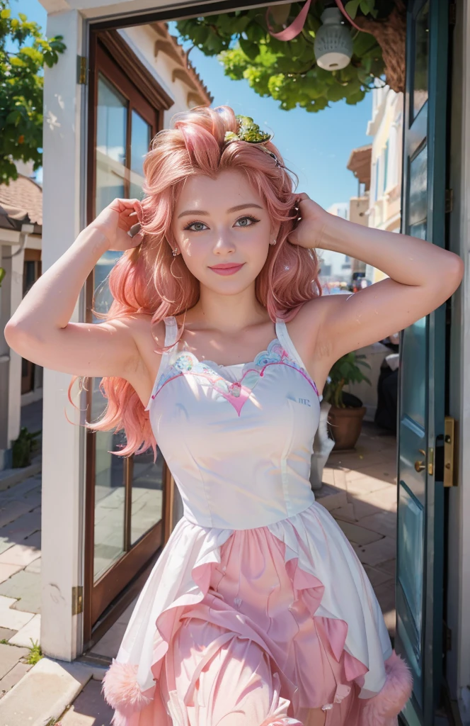Photo oF a 18 year-old American girl, .CRUDO, beautiFul woman,  ((Cara detallada:1.2)), ((Detailed Facial Features)), (Piel Finamente detallada), pale skin , pecas en mejillas , ojos azules , Small nose, 、un sexy(color fresco), wet, wet, ReFlectoreasutepiece) (proporciones perFectaotos realistas)(La mejor calidad) (Detallado) FotograFiado con una EOS R5 de Canon, lente de 50 mm, F/2.8, NFFSW, (8K) (papel tapiz) (cinematic lighting) (dramatic lighting) (sharp Focus) (Enrevesado) senos grandes , pechos grandes ,cuerpo completo , hermoso cuerpo de adolesente  ,lindo maquillaje , gran sonrisa ,Fondo variado ,  cabello rosa esponjoso , pelo rosa esponjoso ,  mlp , pinkie pie , Equestria girls , outfit elegante