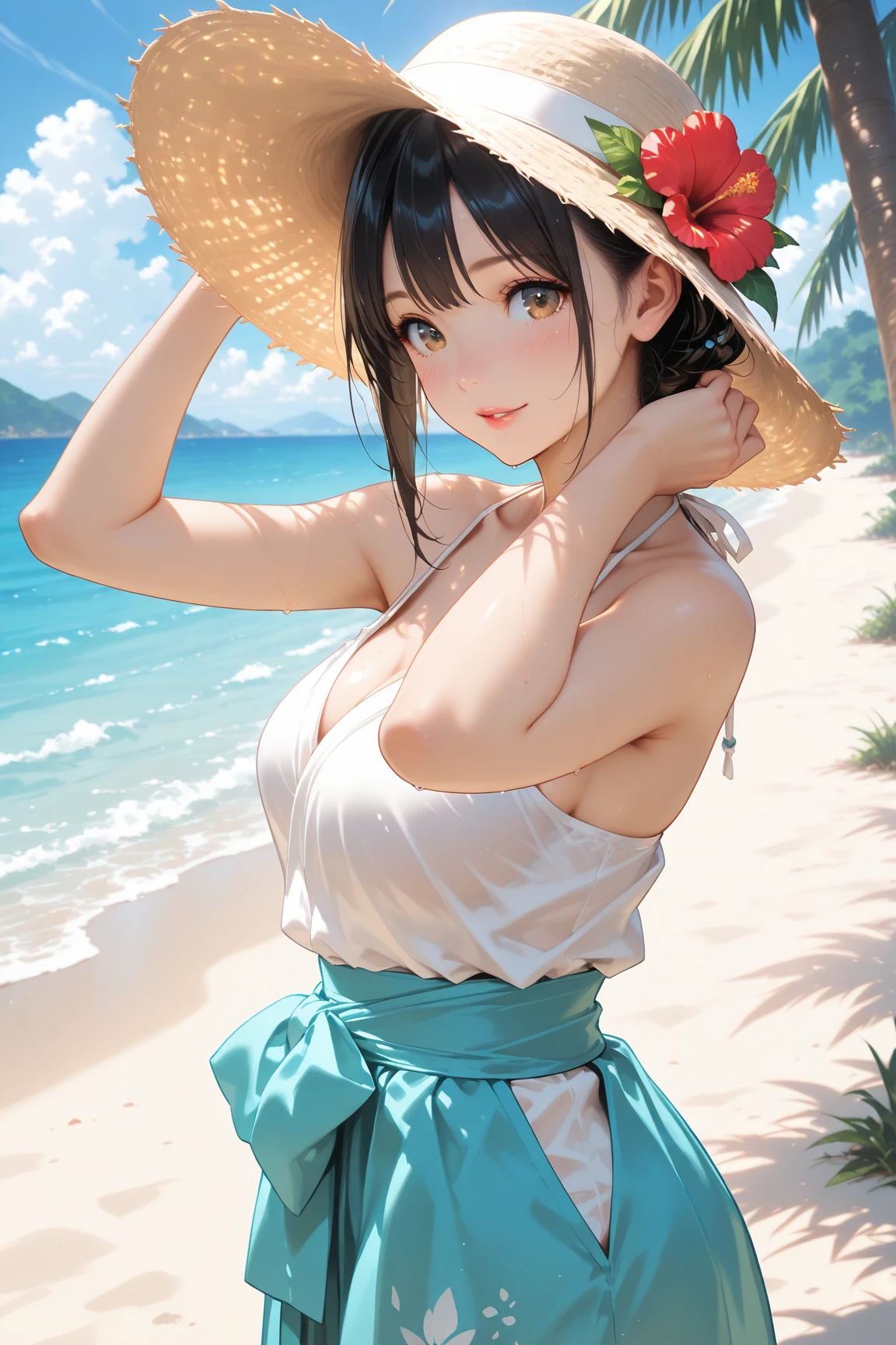 Very beautiful 17 year old girl, Cute Face、 Beautiful shiny bangs, ((Detailed depiction of a beautiful face))、 Refreshing and gentle look,Smiling Kindly、Beautiful and fair、Glowing Skin, bright,Small breasts,Lace Bikini,See through,Bikini Swimwear、Photorealistic perfect body、(A pareo with bold ethnic patterns and primary colors wrapped around the waist and skirt)、particles of Light、Light、tropical、cinematic Light、On the sunny beach、With the sea in the background、Blur the background、((Highest quality, masterpiece, High resolution)), 4K Digital Art、8K high quality, detailed art、((reality))、((Anime Art))、wallpaper、