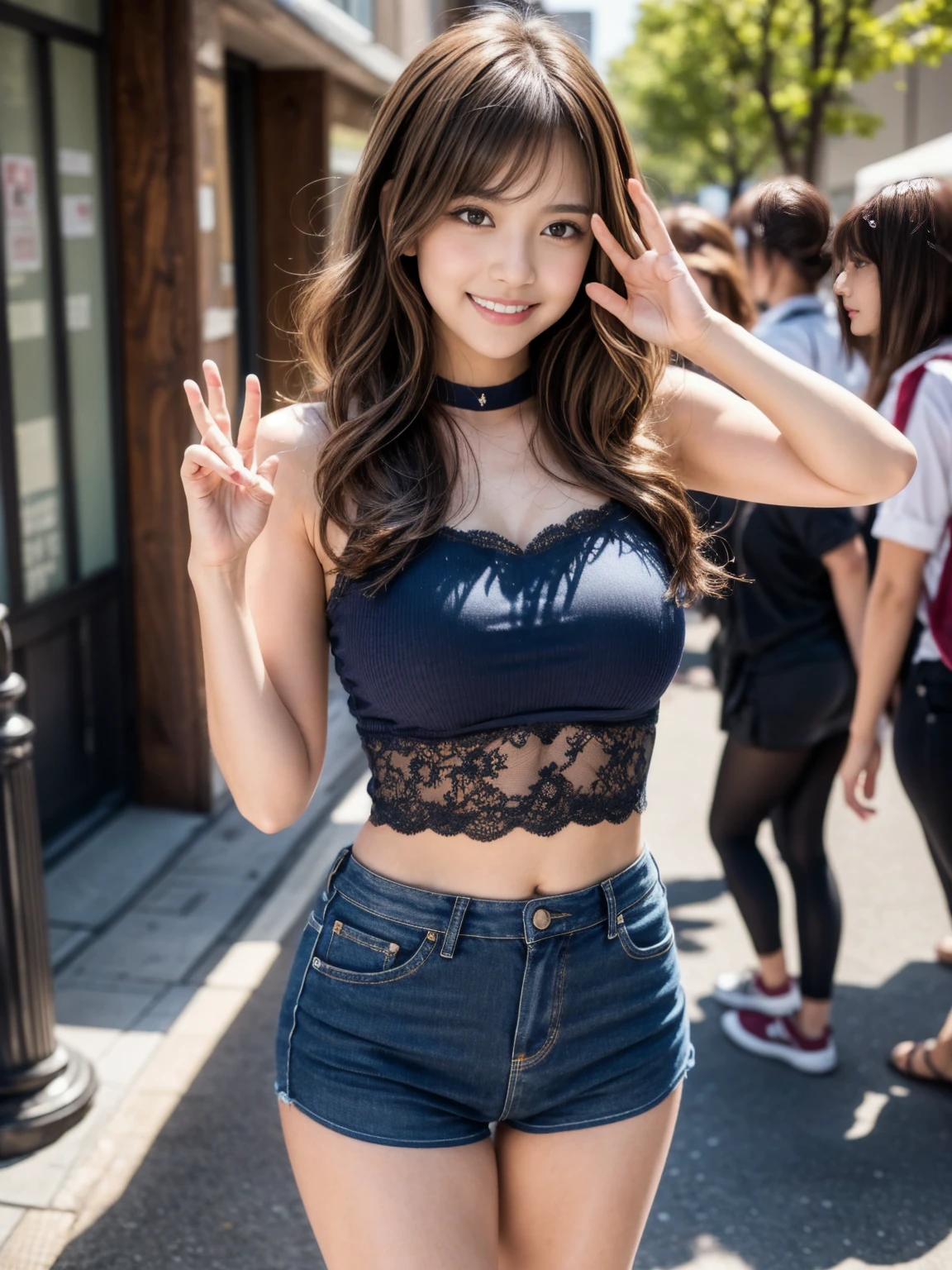((Highest quality)), ((masterpiece)), (detailed), Perfect Face, A 20-year-old girl who is as cute as an idol, A kind smile, very cute、Female police officer, Police uniform, はCleavageが見えるデザイン、Cleavage、I'm wearing a bra、mini skirt、Cleavage,  whole body, whole body像、City Sidewalk, Genuine stick, Genuine、Genuine