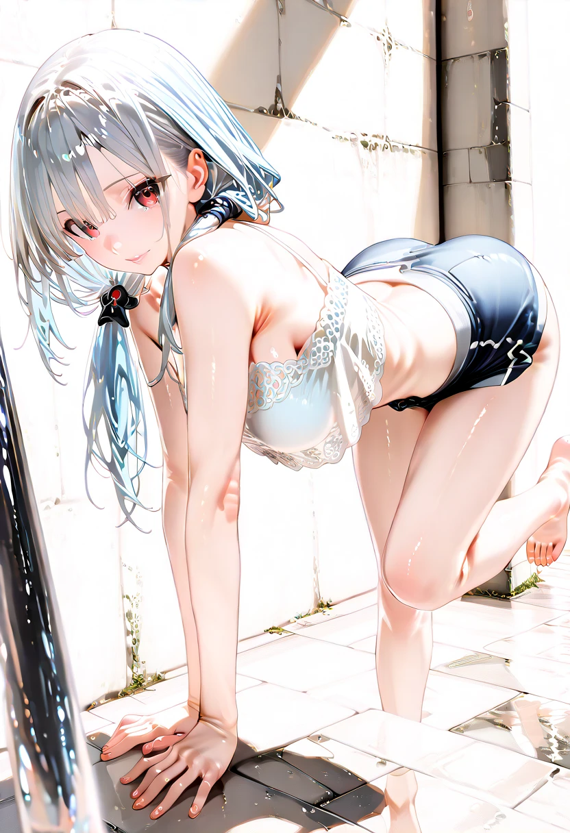 (masterpiece), best quality, expressive eyes, perfect face,nsfw:1.3,full body,handcuffs,shackles,restrained,sweat,embarrassed,public indecency,bondage:1.2,crucifixion:1.3,straddling,arms behind back,see-through