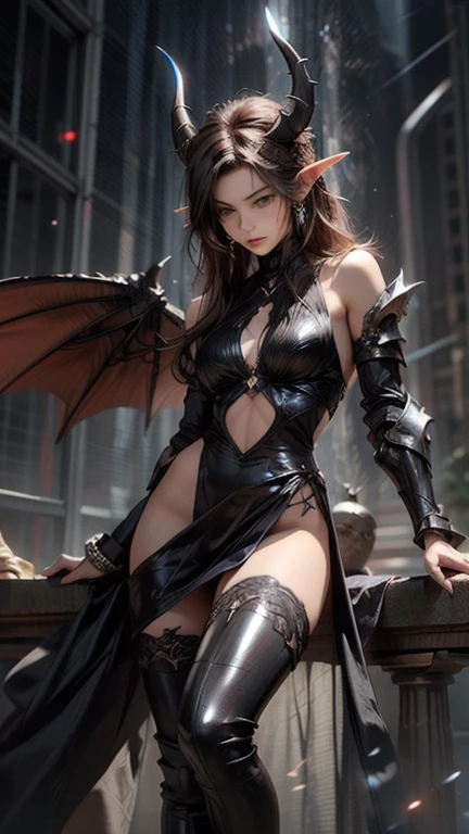 tmasterpiece,Best quality,A high resolution,8K,((Portrait)),((Head close-up)),Original photo,real photo,digital photography,(The female succubus of medieval magic style),(Succubus in magic works),19-year-old girl,(The Purple Eye of the Devil),Devil's Corner,Pointy ears,(short detailed hair),Redlip,Noble and charming,Elegant and serious,(Lightweight combat suit in fantasy style,Leather Armor,A delicate pattern,Metallic luster,Beautiful jewels),(( Succubuanshee,fictional race,medieval characters,Magical style,Street background at night,Photo pose,oc render reflection texture