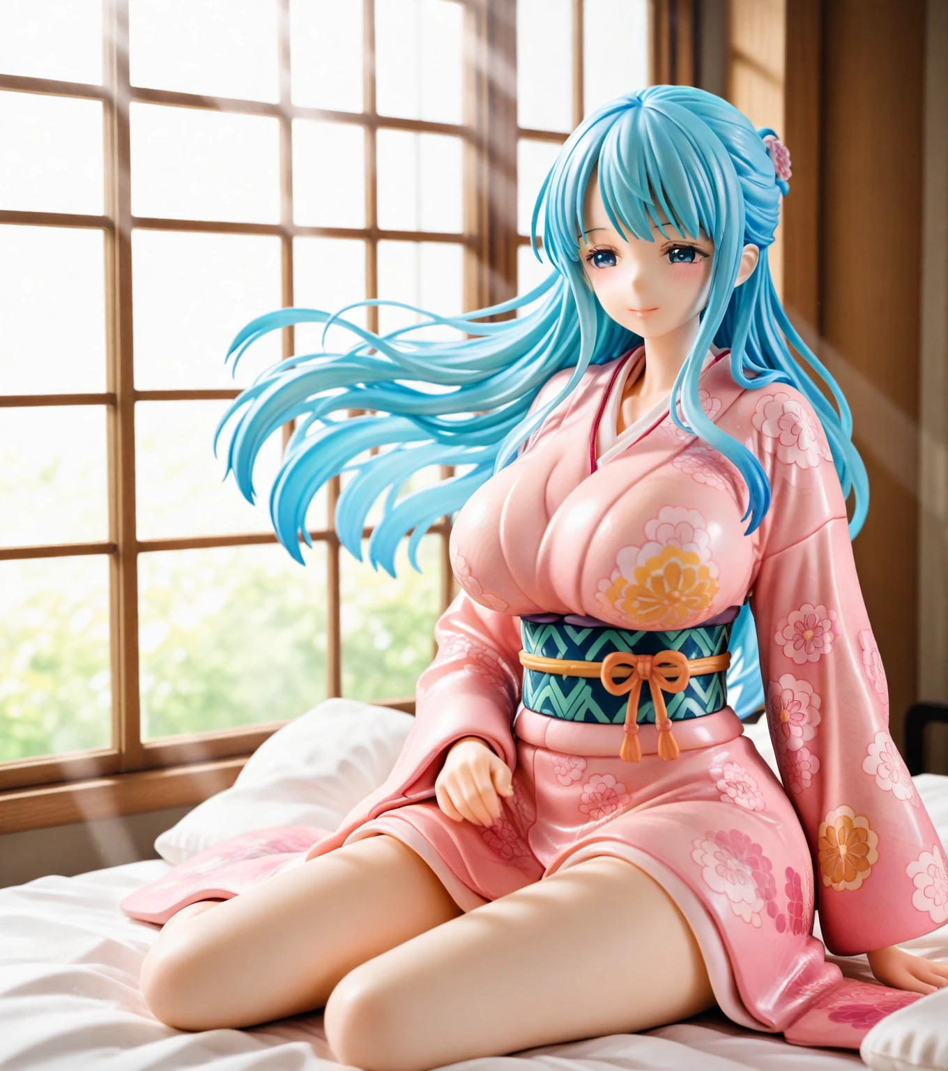 8K Historical drama style One beautiful girl A beautiful 13-year-old Japanese princess from the Warring States period with short blue hair Gorgeous embroidery, Ultra glossy, She is wearing a shiny Heian period princess kimono. She closes her eyes and defecates on the futon.