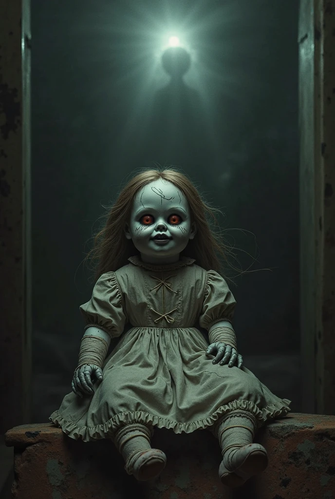a mysterious and slightly creepy illustration of a dark, abandoned room with a  holding a doll with a creepy smile on her face. Cannot see her face clearly, the room is dark with little light, creepy environment, mystery surrounding