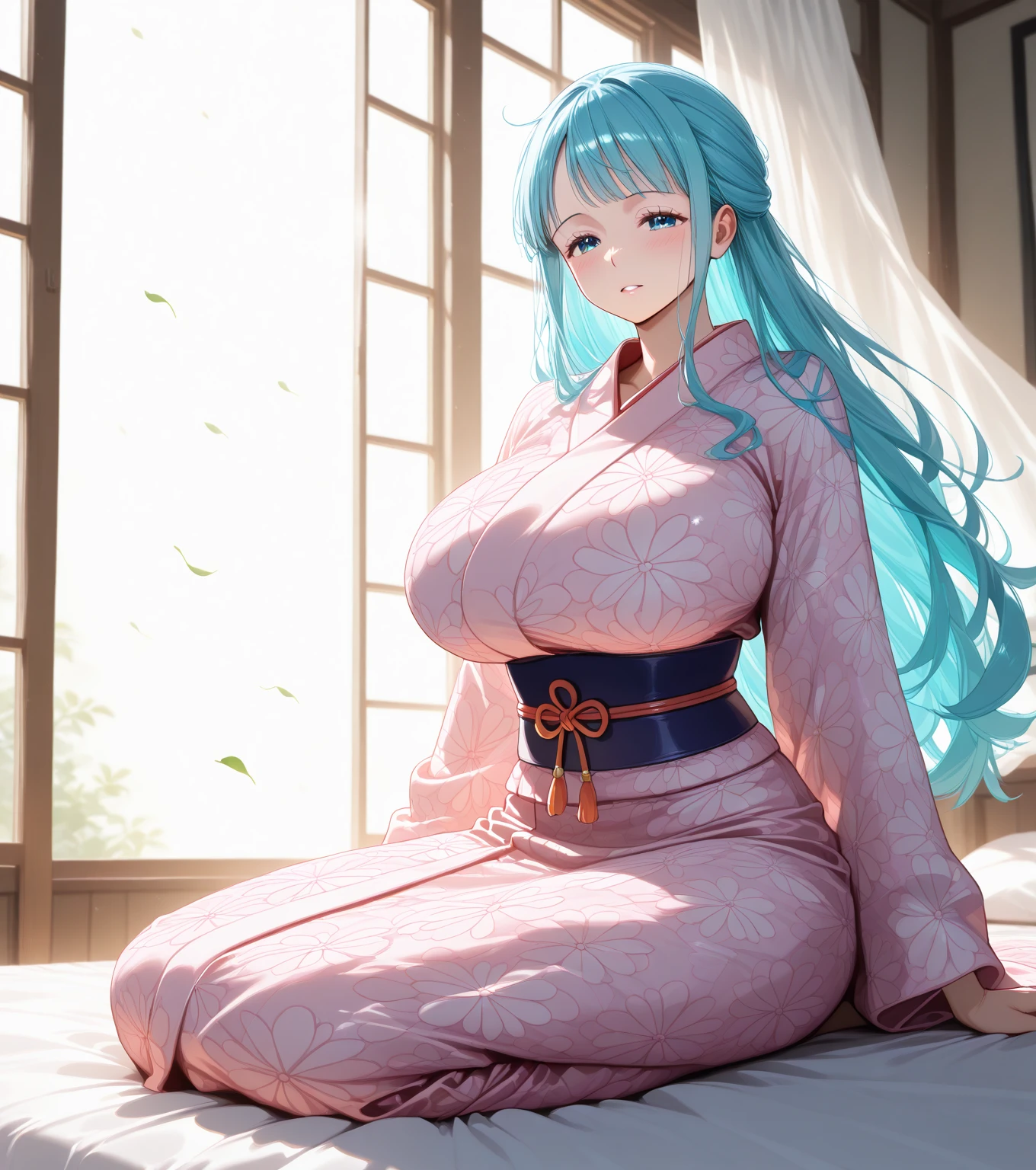 absurdres, highres, (official art, beautiful and aesthetic:1.2), 1girl, (pink hair), long hair, (messy hair:1.4), yukata, floral print, (breasts out, :1.1), (gigantic huge breasts:1.2), off shoulder, sitting, relaxed, closed mouth, cute, (blush), embarrassed, indoors, apartment, night, city, lights