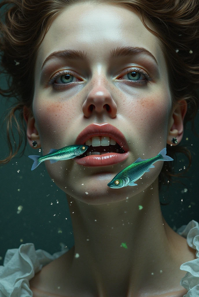 A very beautiful woman with green eyes, brunette and hot, with sardines