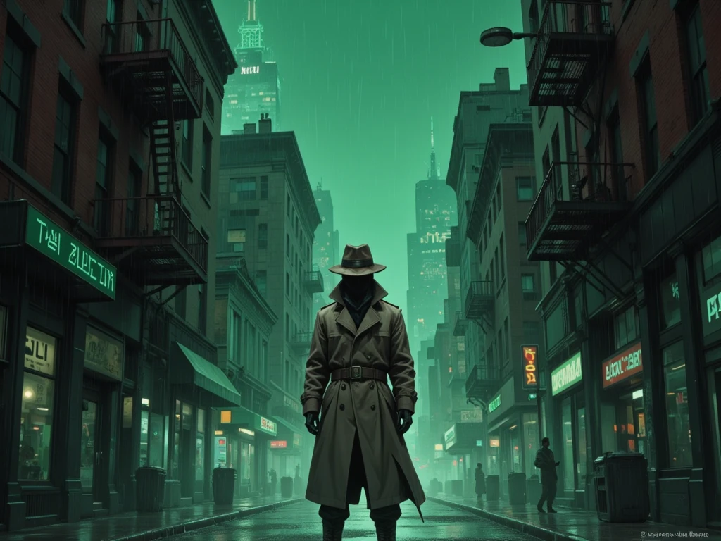 A rainy alleyway scene in Game Boy green screen style—monochrome, jittery edges, dead pixels flickering. Retro-futuristic detective in trench coat, pixel rain, low battery feel.