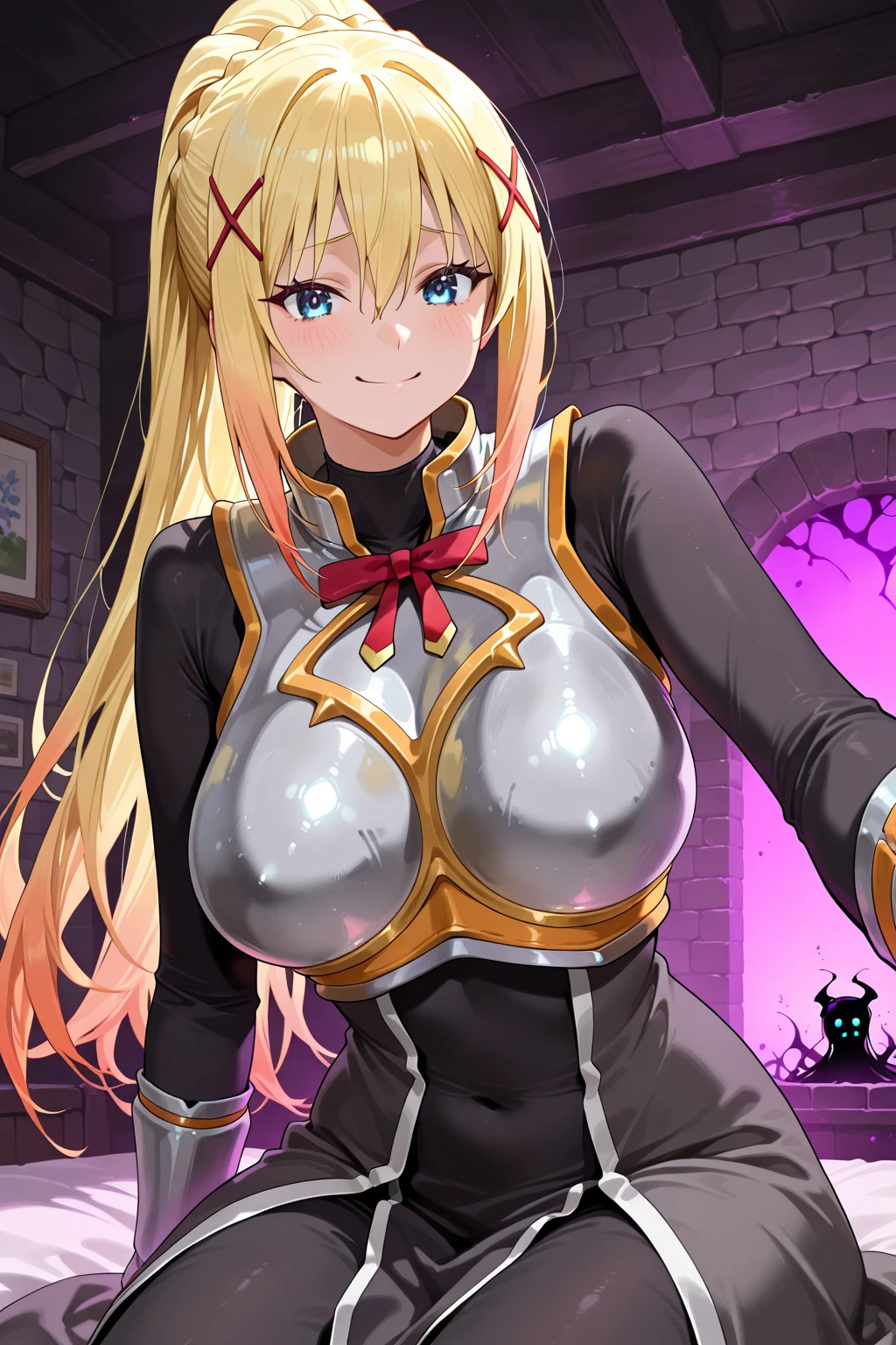 masterpiece, best quality,Gloria Tyler, blonde hair, pink eyes, serious, long hair, large breasts,ninja outfit,Hidden arms, (ruins), looking at viewer,blush,cute face, pretty girl,big tits,(upper body),((nipples))