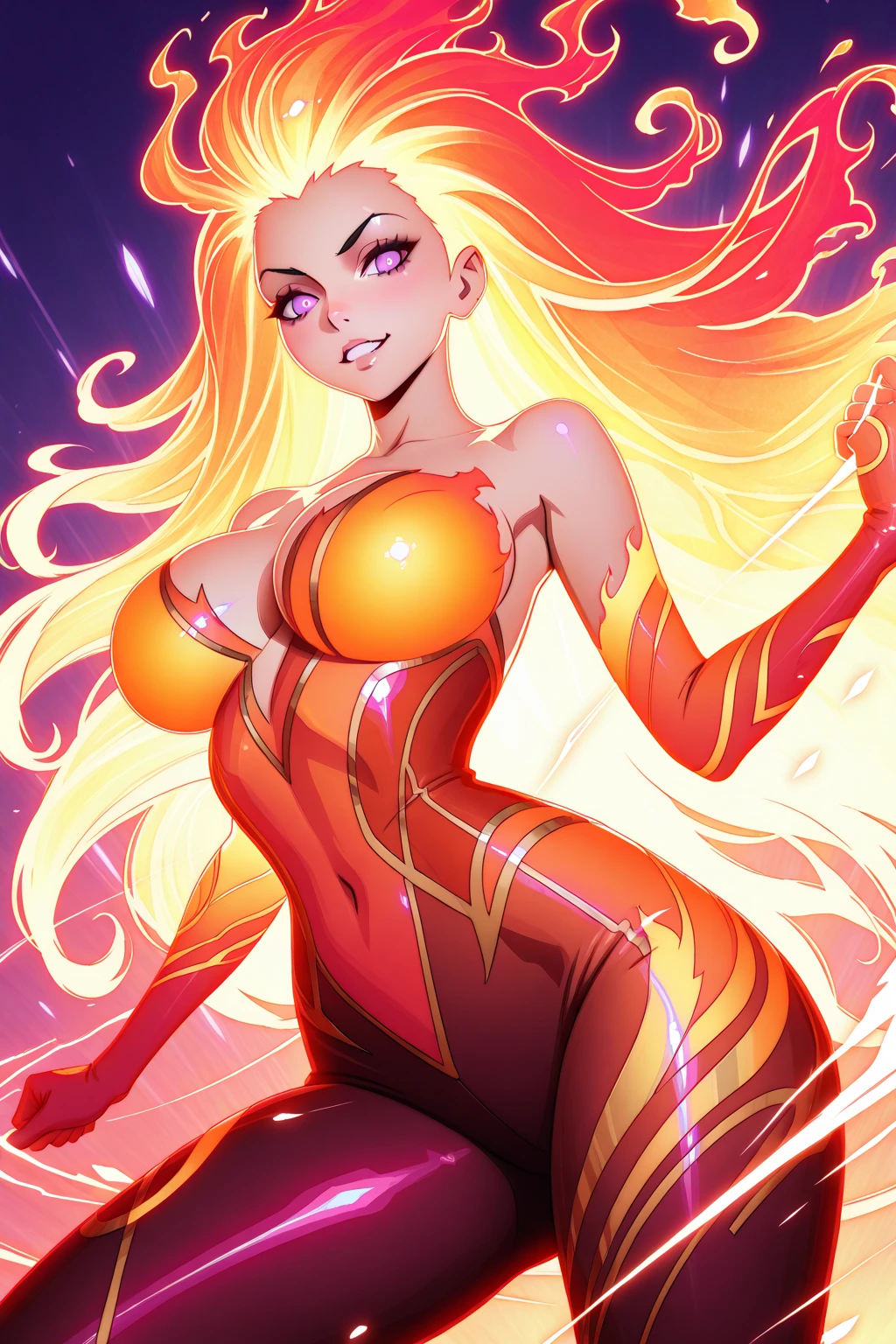 (masterpiece, best quality:1.2), cowboy shot, solo, 1girl, mcblaze, dark skin, dark-skinned female, fit female, abs, radiant beautiful happy face, looking at viewer, ahoge, underwear, panties, thighhighs, fingerless gloves, cleavage, fire, huge breasts, nipples through clothes, cameltoe, beautiful face, wide hips, beautiful eyes, red eyes, cute face, moaning, thick thighs, playful smile