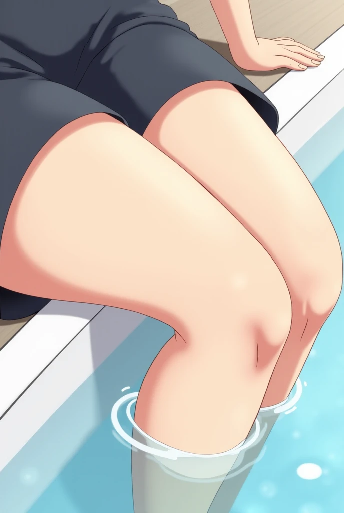 Kanna from Blue Archive, sharp teeth, long hair, Blue and white stripe pattern swimsuit , 1girl, Masterpiece, Best Quality, HDR, Blue archive artstyle, Detailed face, Pool atmosphere, sexy pose, large breasts, Full body picture, front view, Long animal ears