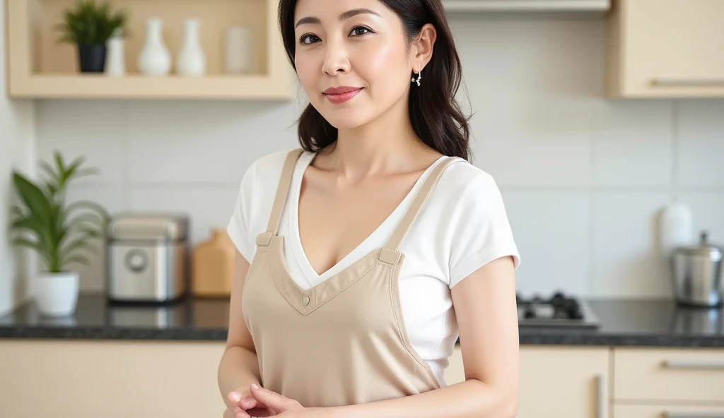 Beautiful Japanese Women、Beautiful Mature Woman、Classy sex appeal、sexy、Perfect Lighting、Beauty、Transparent beauty、8K High Resolution、Beauty in natural light、High resolution、Photorealistic、Masterpiece、smile、Gravure quality、55-year-old Mrs.、Plump body shape、Apron appearance