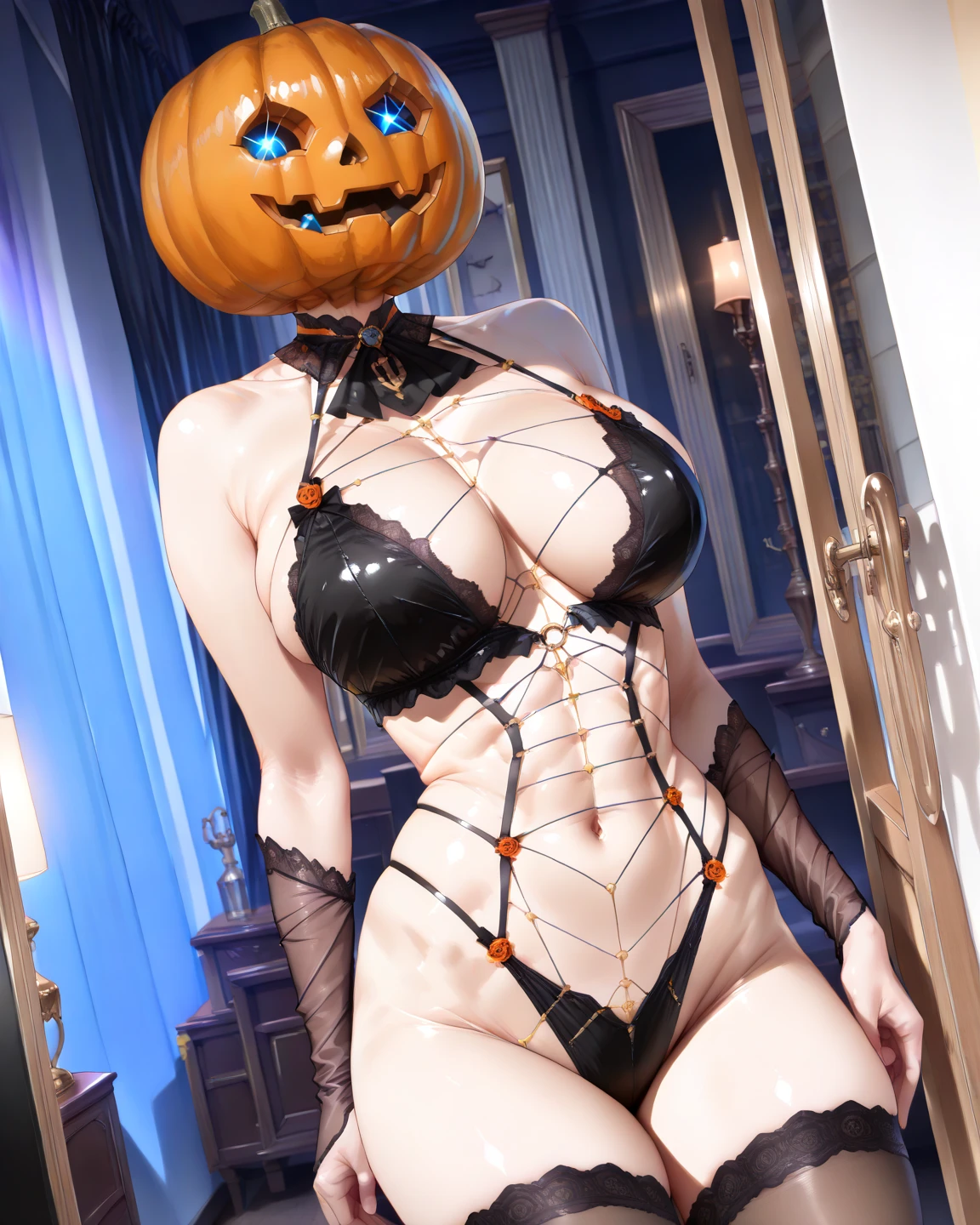 (Halloween theme:1.5), (fantasy:1.5), upper body portrait of a tall very busty beautiful women wearing skin tight full lacy ultra detailed embroidery witch costume, (fusion of black witch dress and Dirndl:1.2), BREAK, (orange latex bikini:1.3), (purple skirt:1.3), BREAK, ((;D1.3, evil smile:1.2)), perfect face,perfect eyes,HD details,high details,sharp focus,studio photo,HD makeup,shimmery makeup,celebrity makeup,(( centered image)) (HD render)Studio portrait,magic, magical, fantasy,(huge breast)(large breast), halloween house, jack-o' challenge, pink hair, halloween background, bright pumpkin, arms down,