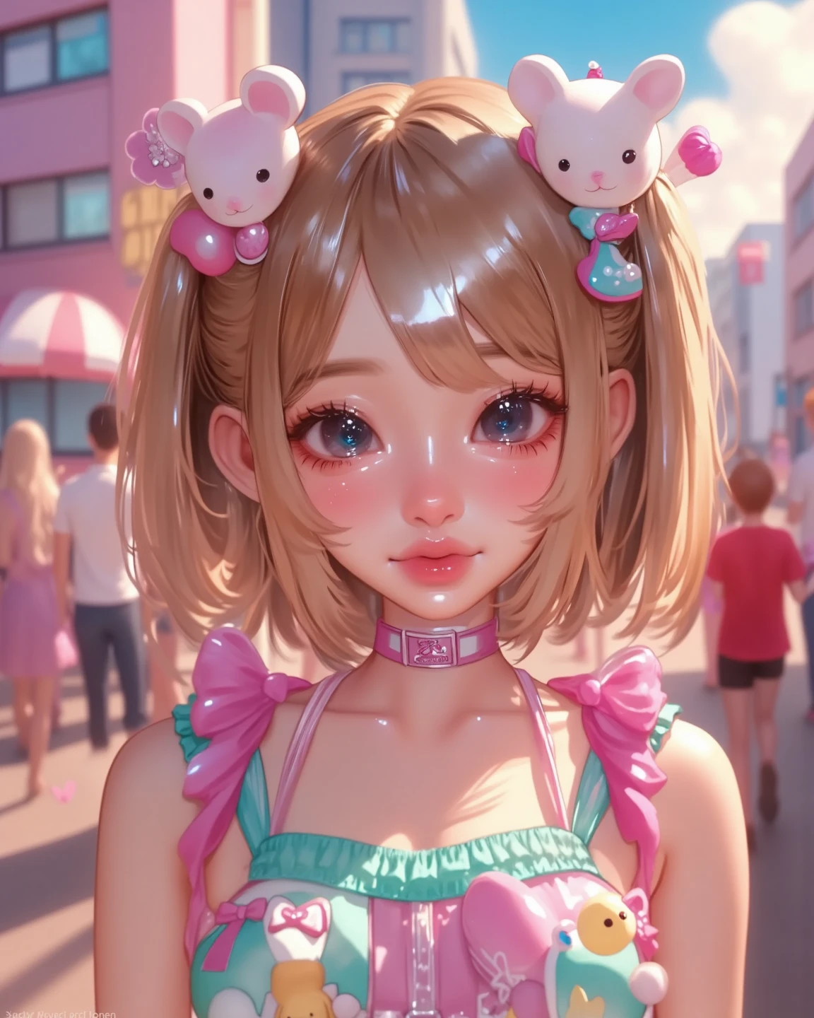 (best quality,4k,8k,highres,masterpiece:1.2),ultra-detailed,(realistic,photorealistic,photo-realistic:1.37), a woman taking a selfie, (huge breasts, transparent clothing, visible nipples:1.3), candy themed clothing, whimsical candyland background, pixar style