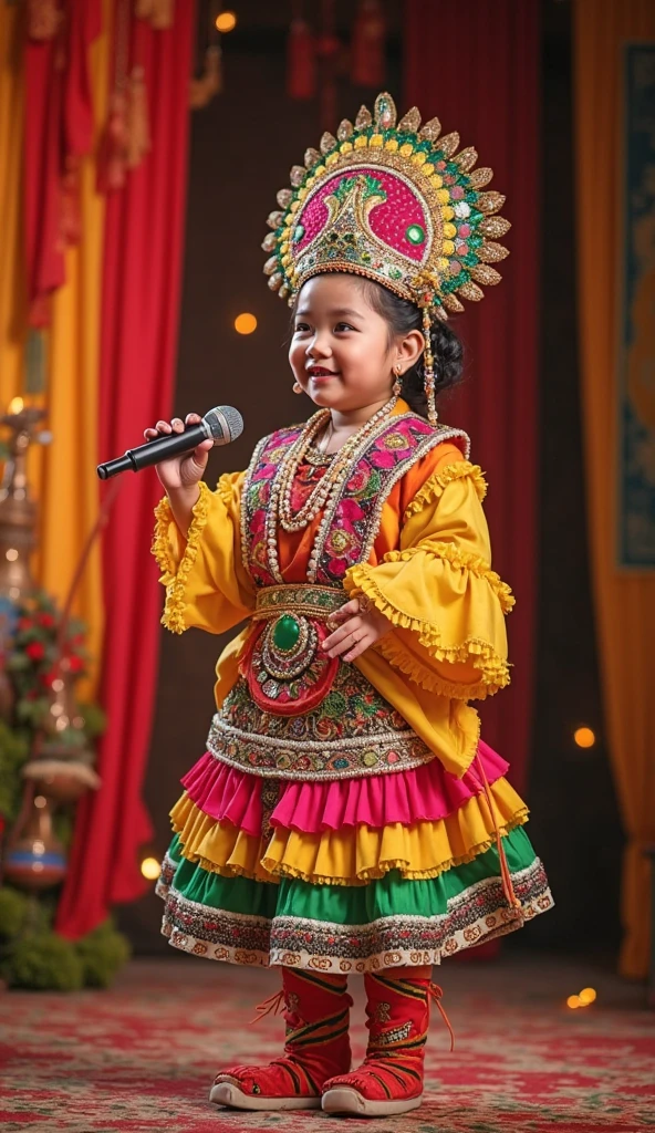 a close up of a child in a yellow outfit holding a toy, ayan nag, tai costume, traditional dress, in costume, nivanh chanthara, wearing traditional garb, in a fancy dress, traditional costume, indian god, young commoner, stylish deity, costume, wearing a fancy dress, ๐๐๐โบ๐๐๐, traditional