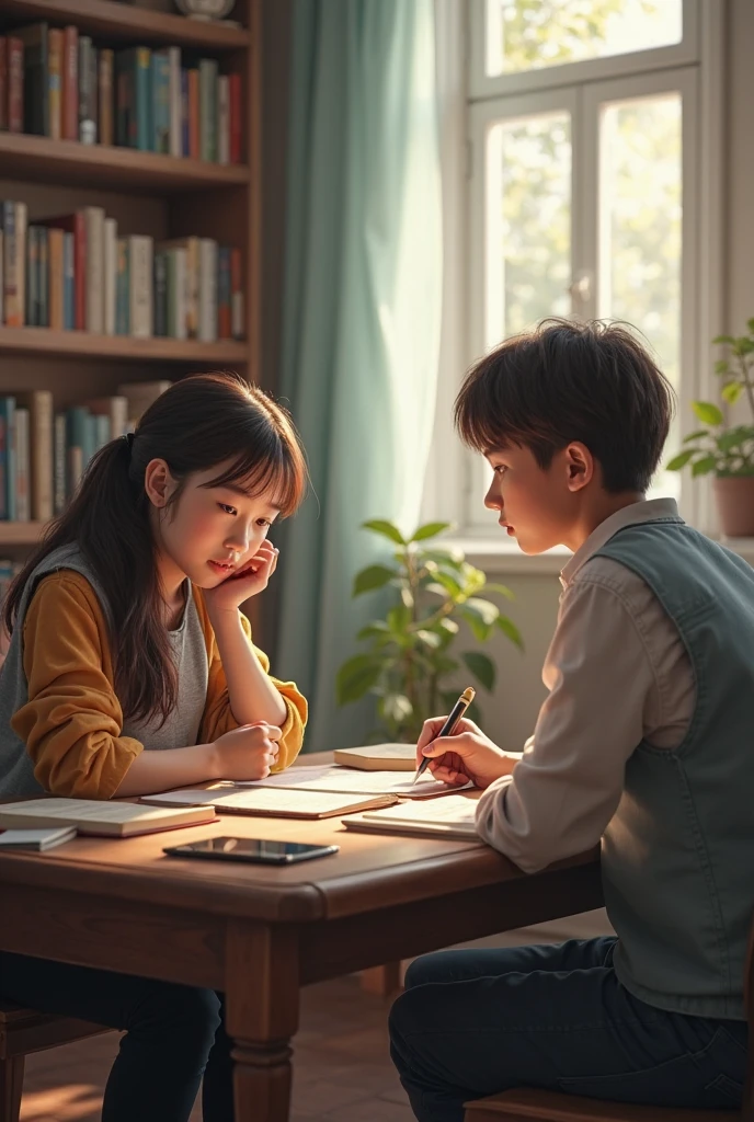 In a bright and spacious study，Parents are teaching their children homework，large scene，Write
