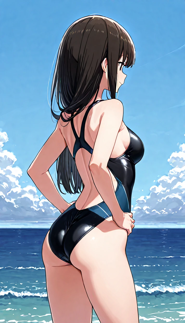 masterpiece, best quality, highres, hmmarnie, aqua eyes, navel, thong, string bikini, standing, beach, rear view, bending over
