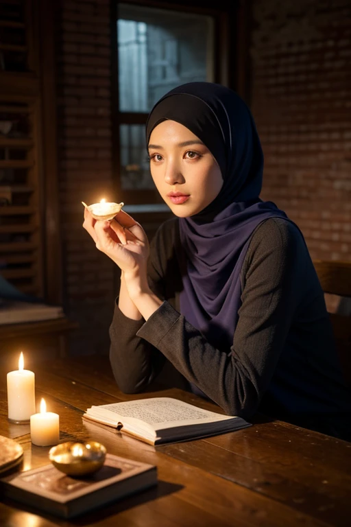 top quality, masterpiece, hi-res, 1 woman, 35 years old, Japanese, western style fortune teller outfit, hair ornament, necklace, jewelry, beautiful face, calm smile, upon_body, Tyndall effect, photorealistic, divination room, candles on table, tarot cards, rim lighting, two tone Lighting, (High Definition Skin:1.2), 8k uhd, DSLR, soft lighting, high quality, volumetric lighting, candid, photography, high resolution, 4k, 8k, bokeh, (((wearing a black hijab)))