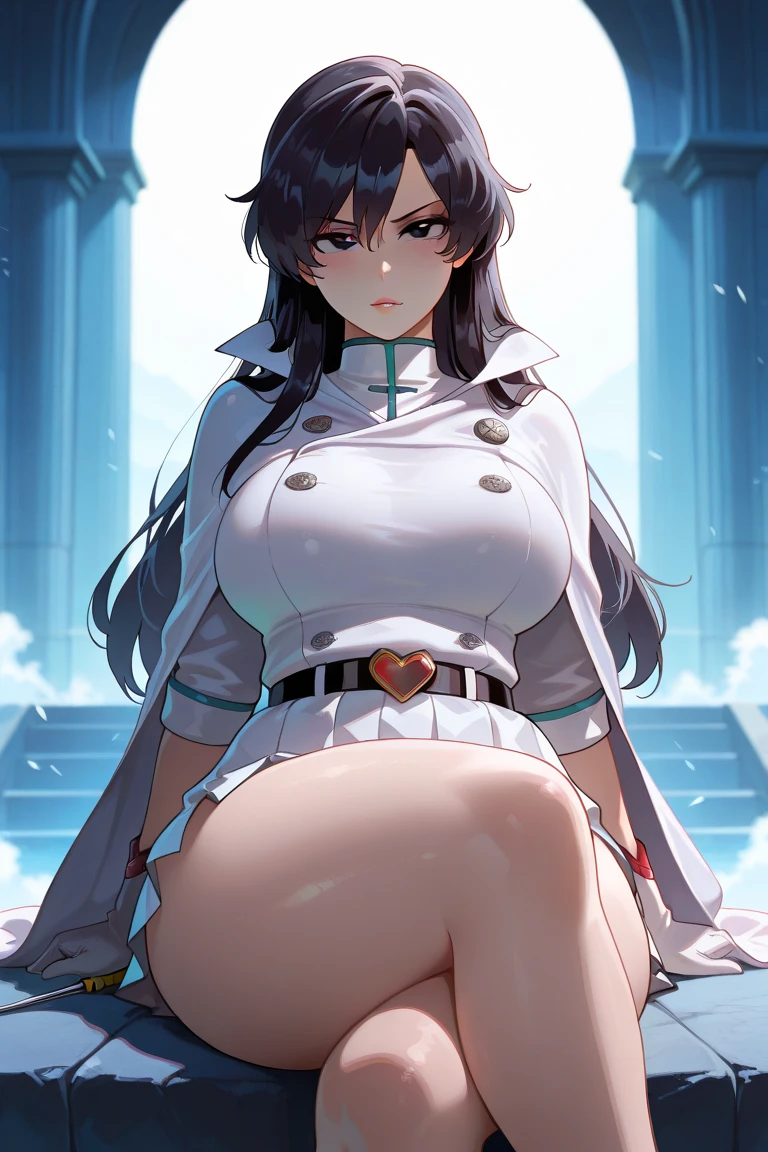 1girl,,big breasts,standing in ruined city,(8k),scratches,detailed face,black hair,brown eyes,very long hair,embarassed,small smile face,ponytail,hair, high_res, high_definition,the battlefield,battle pose,corset,cape,gloves, (Emma Frost Custome:1.1),