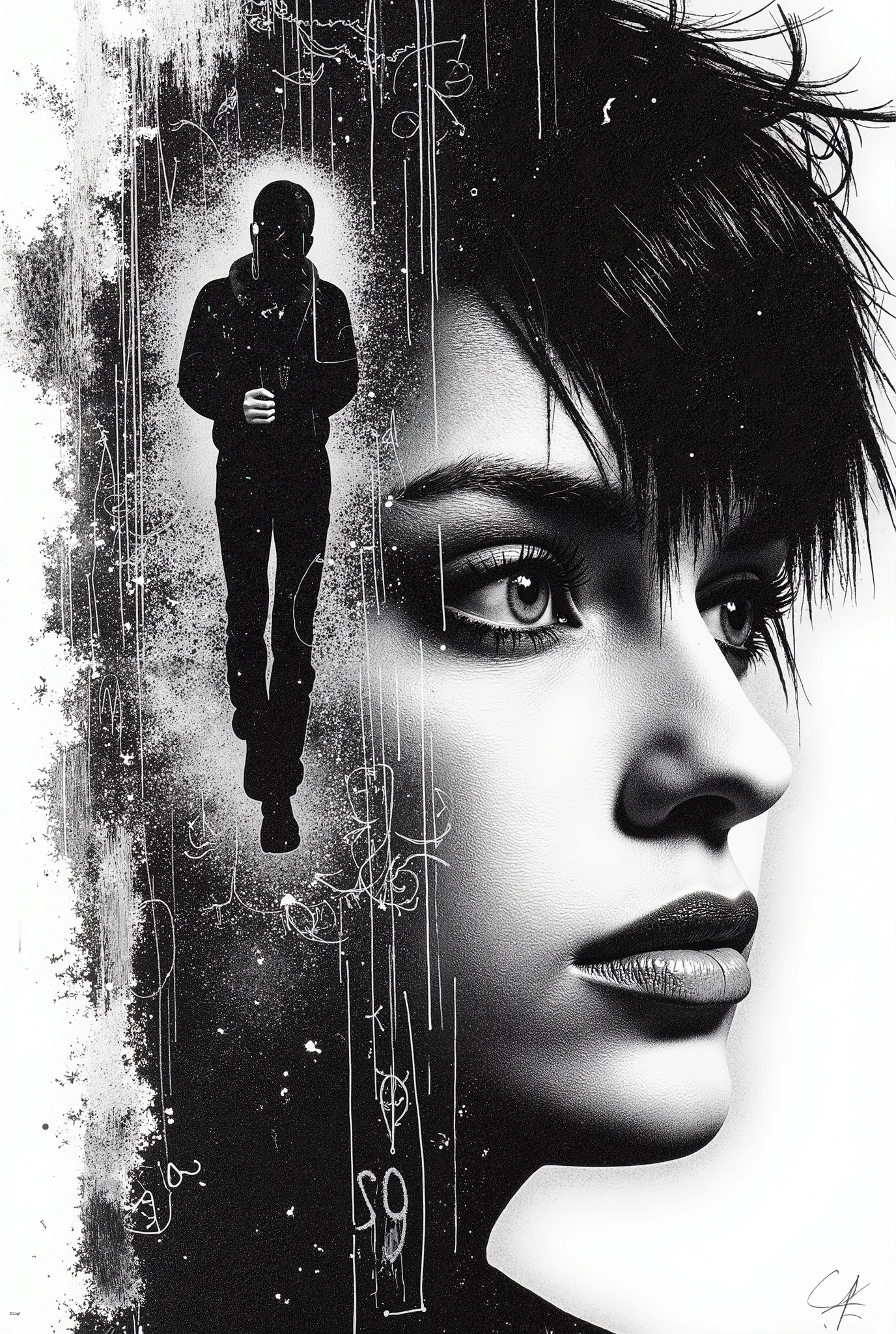 A 4K UHD painting with a minimalistic background , modern view and abstract background with a close-up of a powerful and enigmatic female composition in the style of minimalism , with a super-realistic artistic creation in black ink on a white background . The quality of fine lines and brush strokes show the most complex transitions . The light is distributed throughout the composition, to particularly highlight the focus . The composition itself enchants a lady with big blue eyes in grunge style . The image is of the highest quality and has a resolution of 8k . The artwork is by T. Mann signiert . has full lips and a concentrated expression, which conveys strength and determination . The background contains elements of punk zentangle graffiti and a handwritten note .