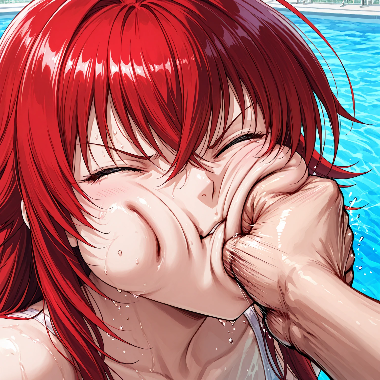 score_9, score_8_up,1girl,( nijou aki open mouth with penis cumming inside:1.3), (penis pointing to mouth), (face close up side view:1.4), (nijou aki:1.5), blue hair,  red lipstisck,  glasses, sharp eyes, (orgasm, trembling),  grass park, night sky