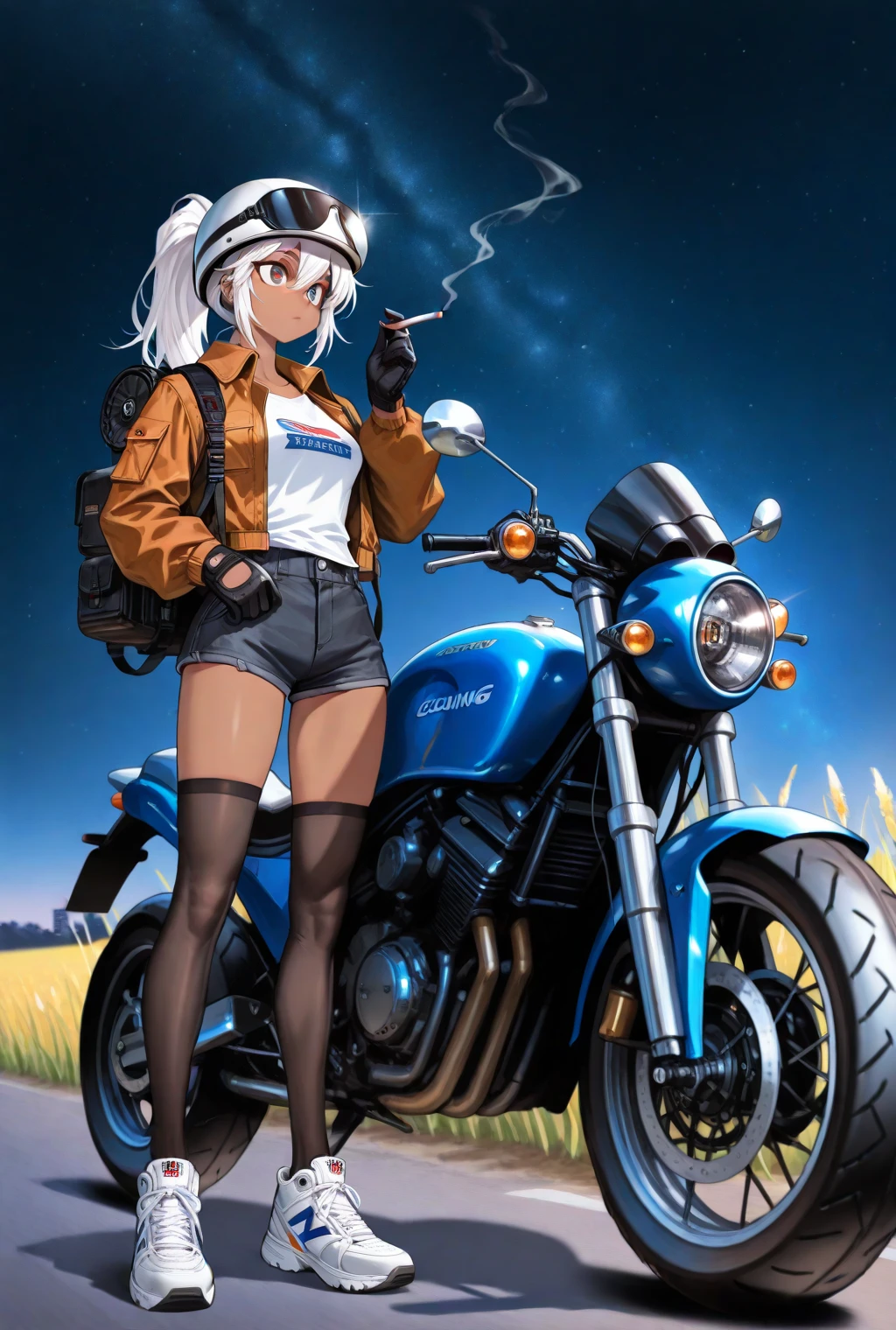 Shot from below、Standing with your legs apart、Standing with feet shoulder-width apart、Cute girl、highest quality、Ultra - High resolution、High resolution、Highly detailed CG、8k unit wallpaper、18-year-old、Careful and gentle eyes,Delicate and beautiful smile、Platinum Blonde Hair、Asymmetrical Hair、((( Dark Skin:1.5)))、(Shiny body,:1.5)、rabbit ears、(((loose socks、big breasts))) 、(Orange motocross jacket with green details, Biker clothes. Detailed design、White bikini)Double Peace 、2.5D、My girlfriend、I&#39;m trying to hold your hand