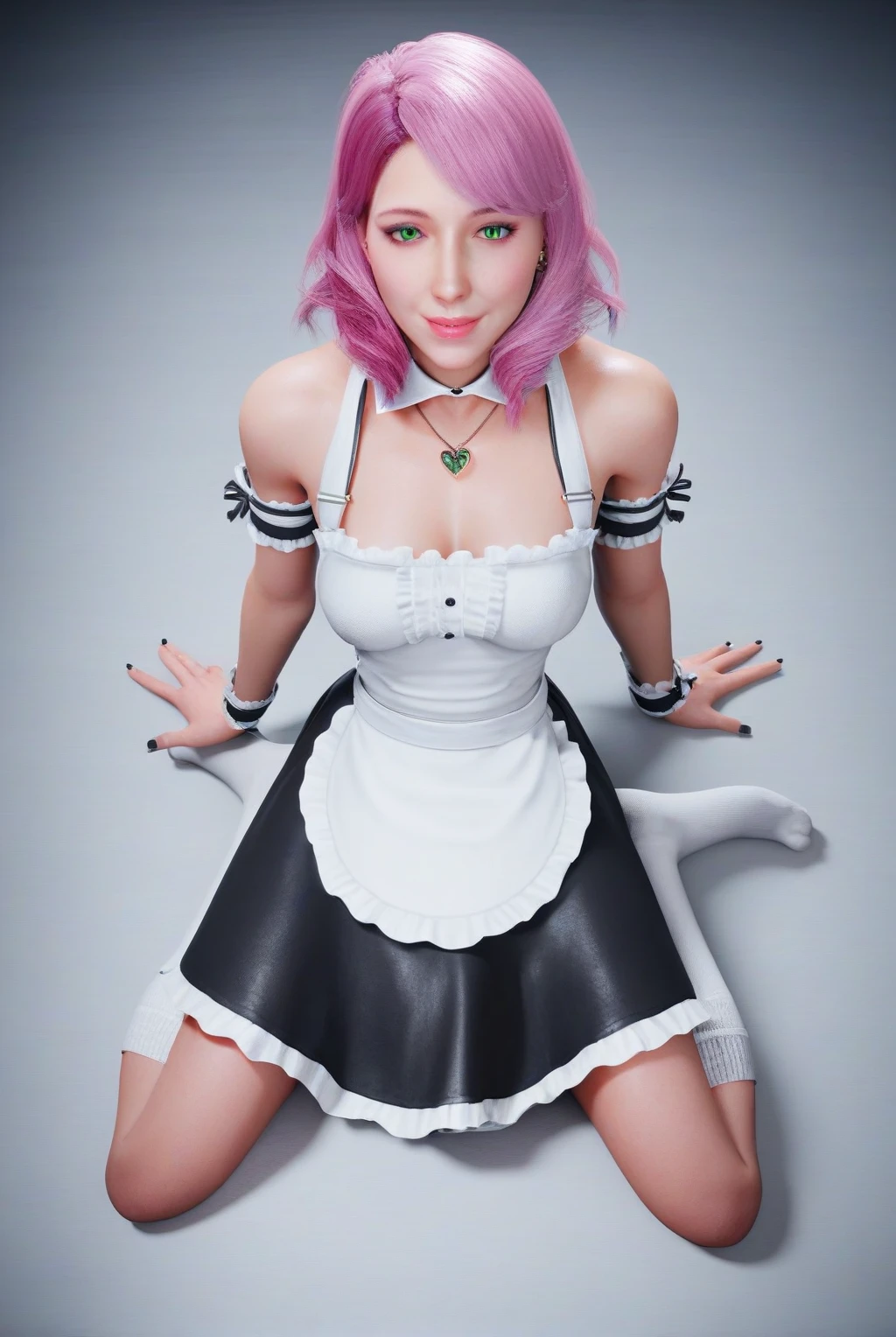 Young anime girl in sexy maid outfit with mini skirt with cat ears and cat tail and high heels and gorgeous young face and green hair and angel wings sitting wide-legged in a strip club, Poledance (Poletanz), Strip-Club, Nachtclub, ultrarealistische sexy Maid, 8K, extrem detailliert, In SFM gerendert, [ 8k digitale Kunst ]!!, Extrem detaillierter Artgerm, 3-D-Rendercharakter Kunst 8 K, extrem detaillierte Augen, gorgeous face