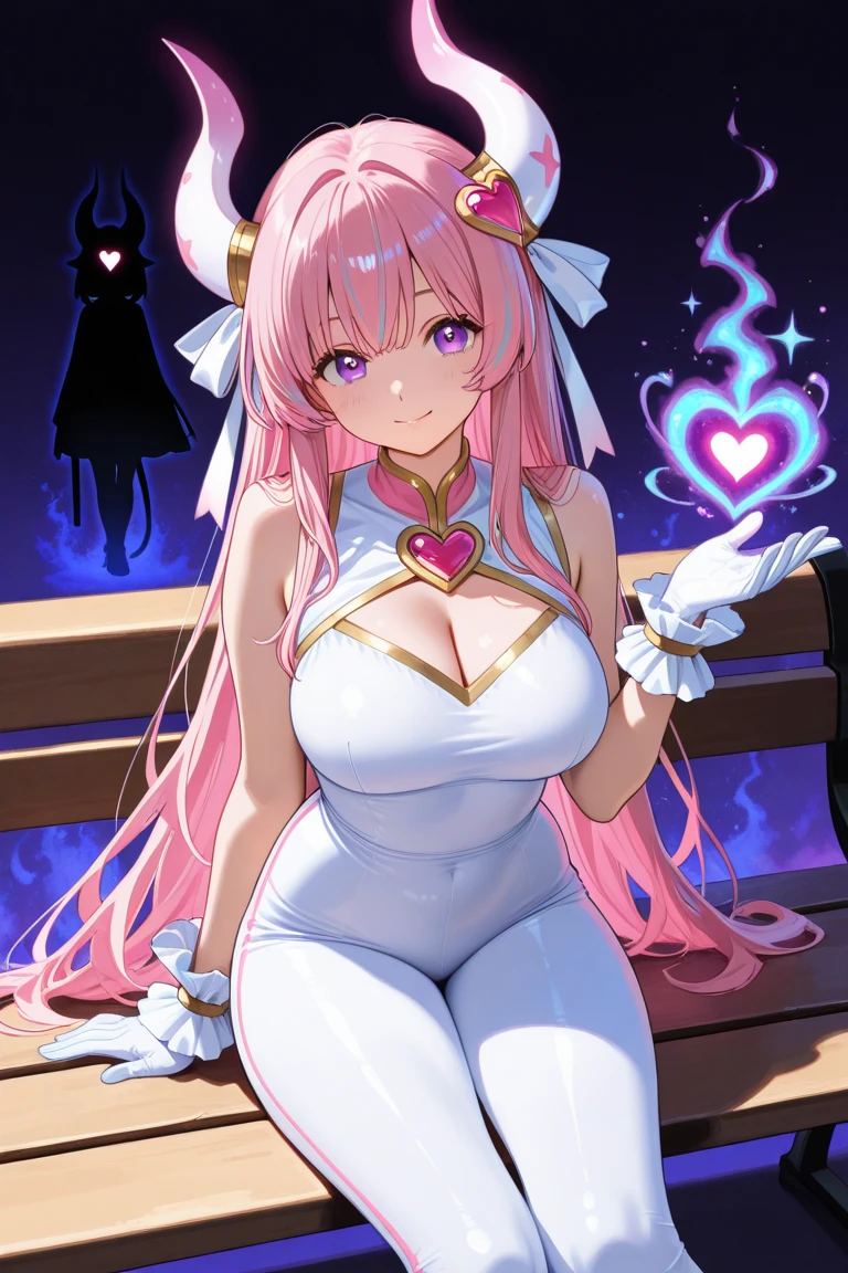 Masterpiece, detailed, 16k, glossy skin, 1 girl, (magical girl flying in the night sky), (holding magic wand:1.3), standing, large breasts, (heckle opening), large buttocks, (thigh focus), long pink blonde, ponytail, brown eyes, (very detailed eyes and face), accurately drawn face, (intricate pink and white dress), layered dress, super mini skirt, (buttocks visible), white leather knee high boots, bright contrasting colors, intricately designed details, (best ratio 1 thumb, 4 fingers: 1.3), (heart shaped pink effect: 1.5), (dynamic pose), (ghost smile), (arms outstretched: 1.5), (sparks in the night sky: 1.3), (view from below),