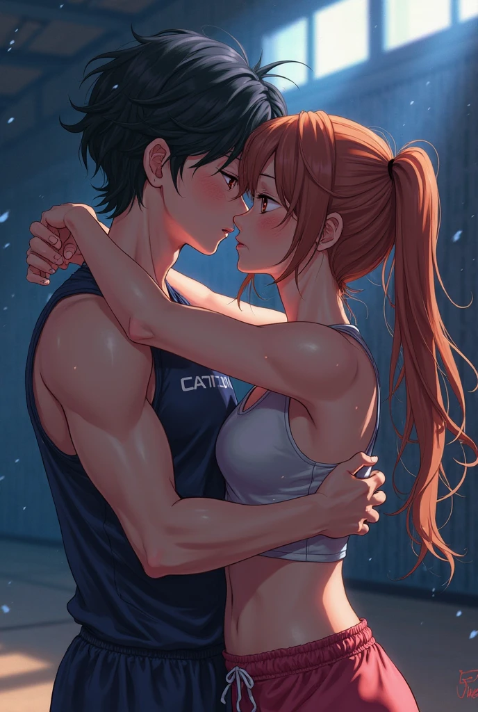 masterpiece, best quality, purple eyes. nishikino maki, (red medium hair:0.966), from side,romantic , wavy hair,low white leggings,sky blue tank top ,pink crop jacket , navel, crotch visible , headphones, MP3 ,breasts, covered nipples, submissive girl, 1boy,romantic hug, looking to each other 
