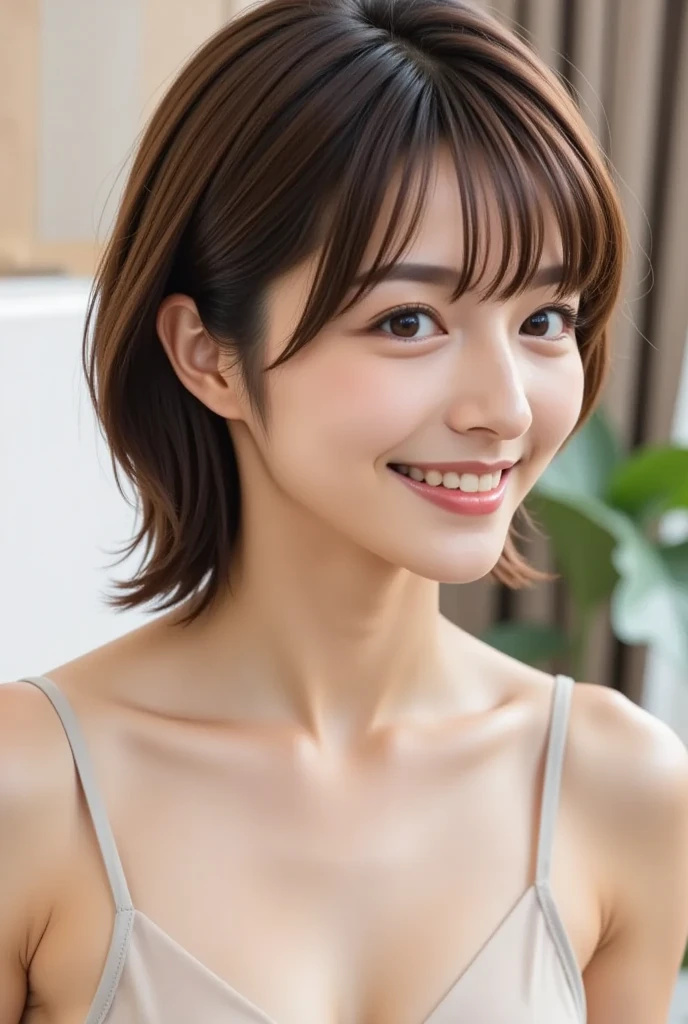 Highly detailed CG Unity 8k wallpaper, of the highest quality, super detailed, masutepiece, Realistic, photographrealistic, Highly detailed beautiful woman, 36-years old,(Bery short hair)、(((Large breasts)))、cleavage , (get sweaty) , Round eyes, ((You can see the shape of the nipple through the clothes))、Realistic female hands、viewer, blush, Smile, ((Tall pretty woman))、Parted lips, full body photographed , Tank top , Lewd panties ,((During muscle training))、 squatt, ((Thin sportswear))、sports gym、erect through、Muchimuchi